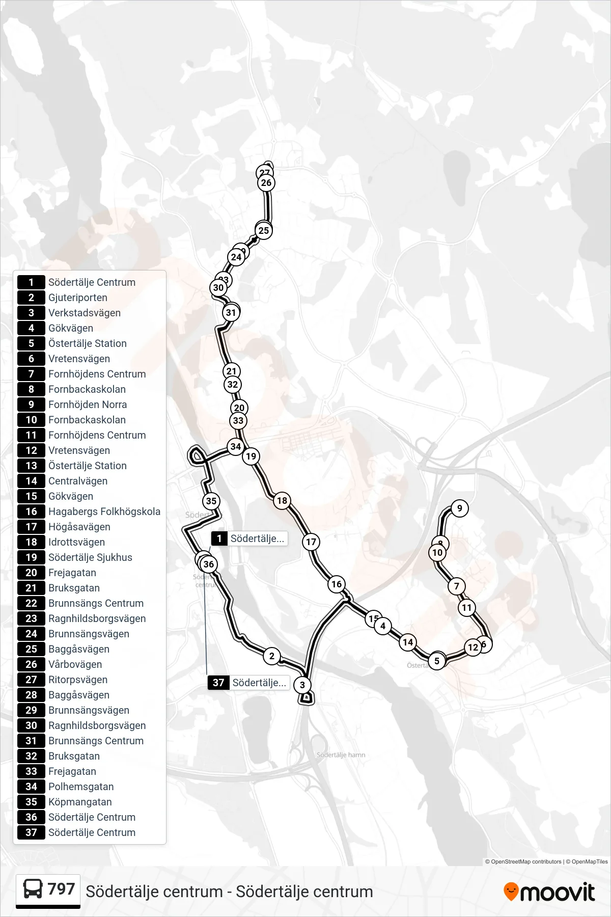 Rutt och hållplatser på karta för linje 797 buss, (Södertälje Centrum)