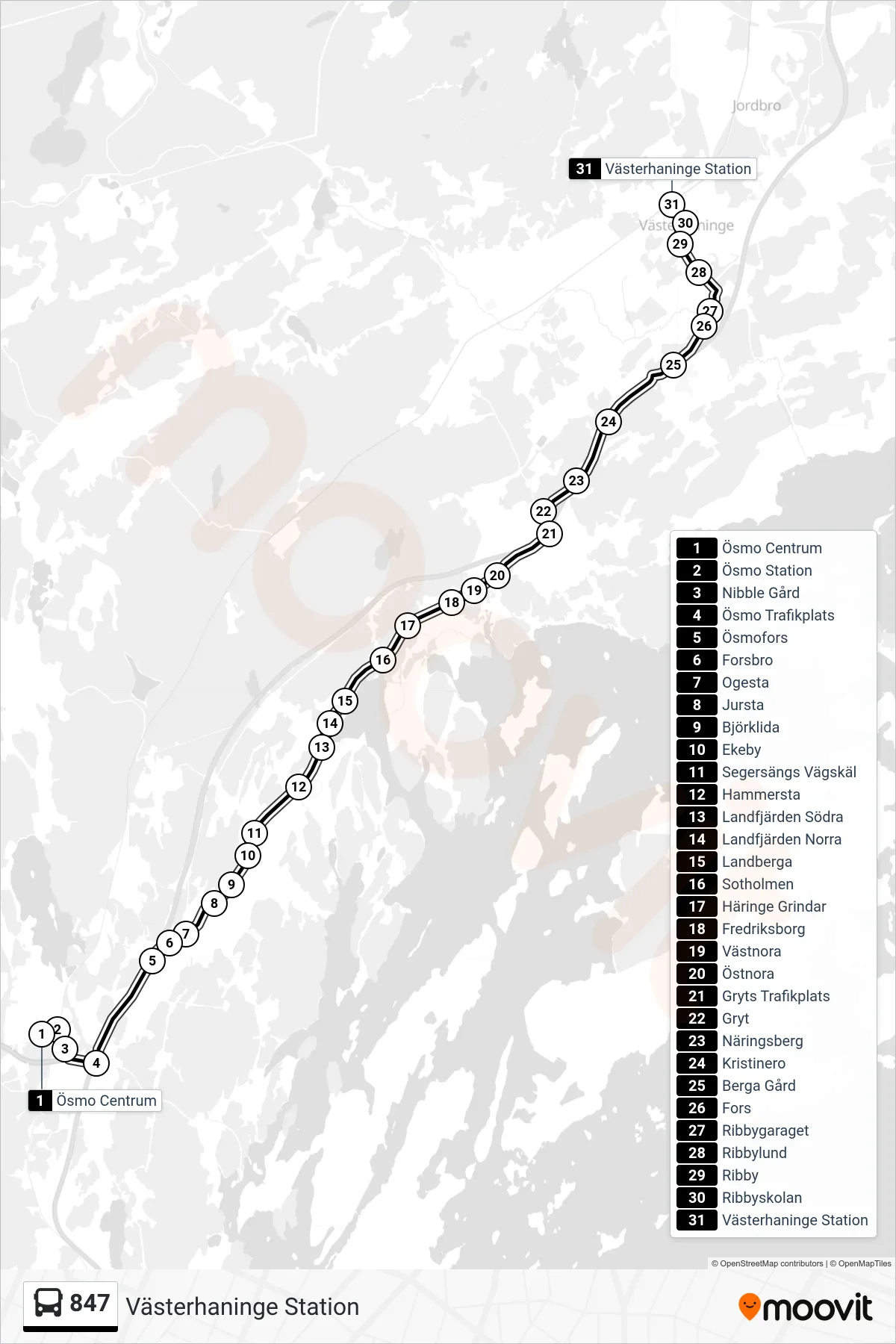 Rutt och hållplatser på karta för linje 847 buss, (Västerhaninge Station)