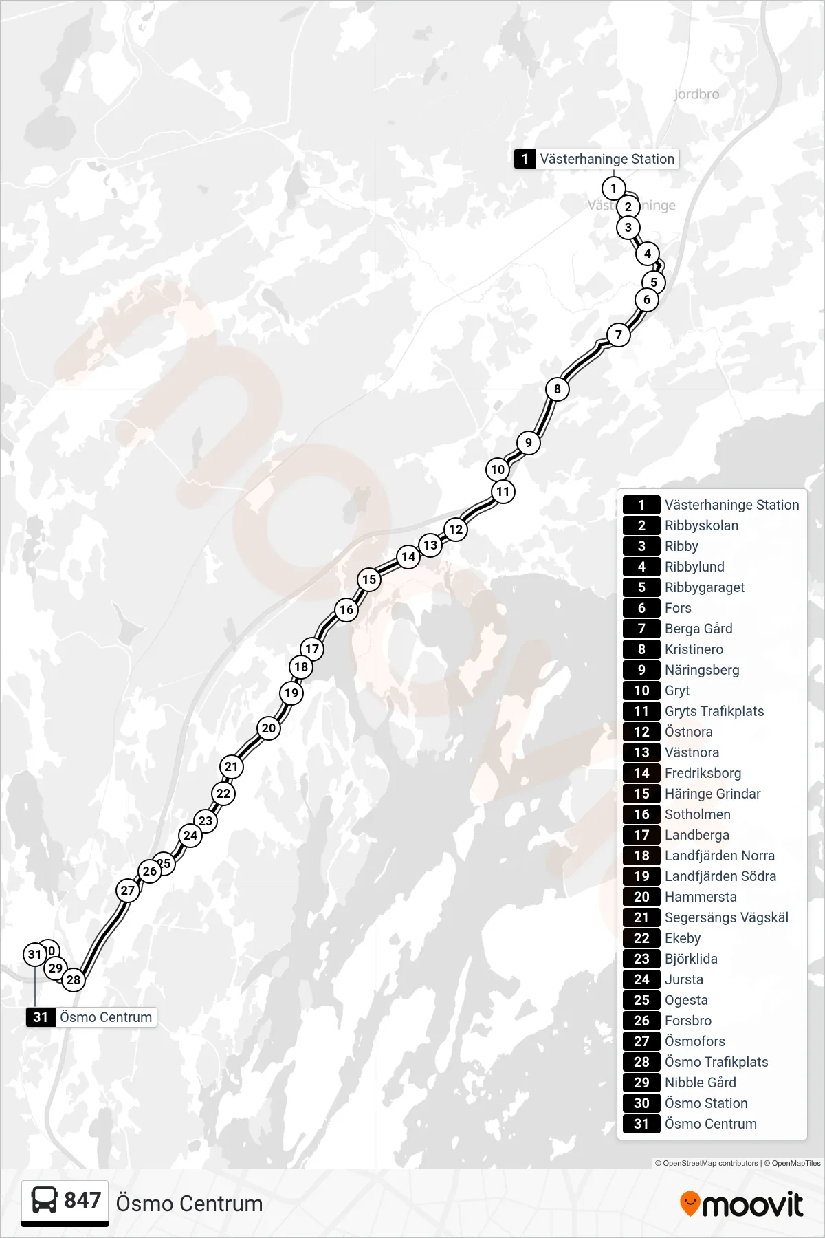 Rutt och hållplatser på karta för linje 847  buss, (Ösmo Centrum)