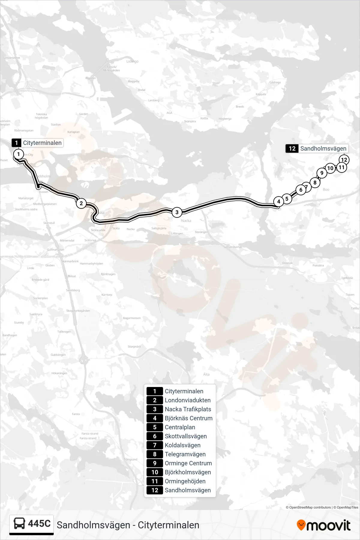 Rutt och hållplatser på karta för linje 445C buss, (Sandholmsvägen)