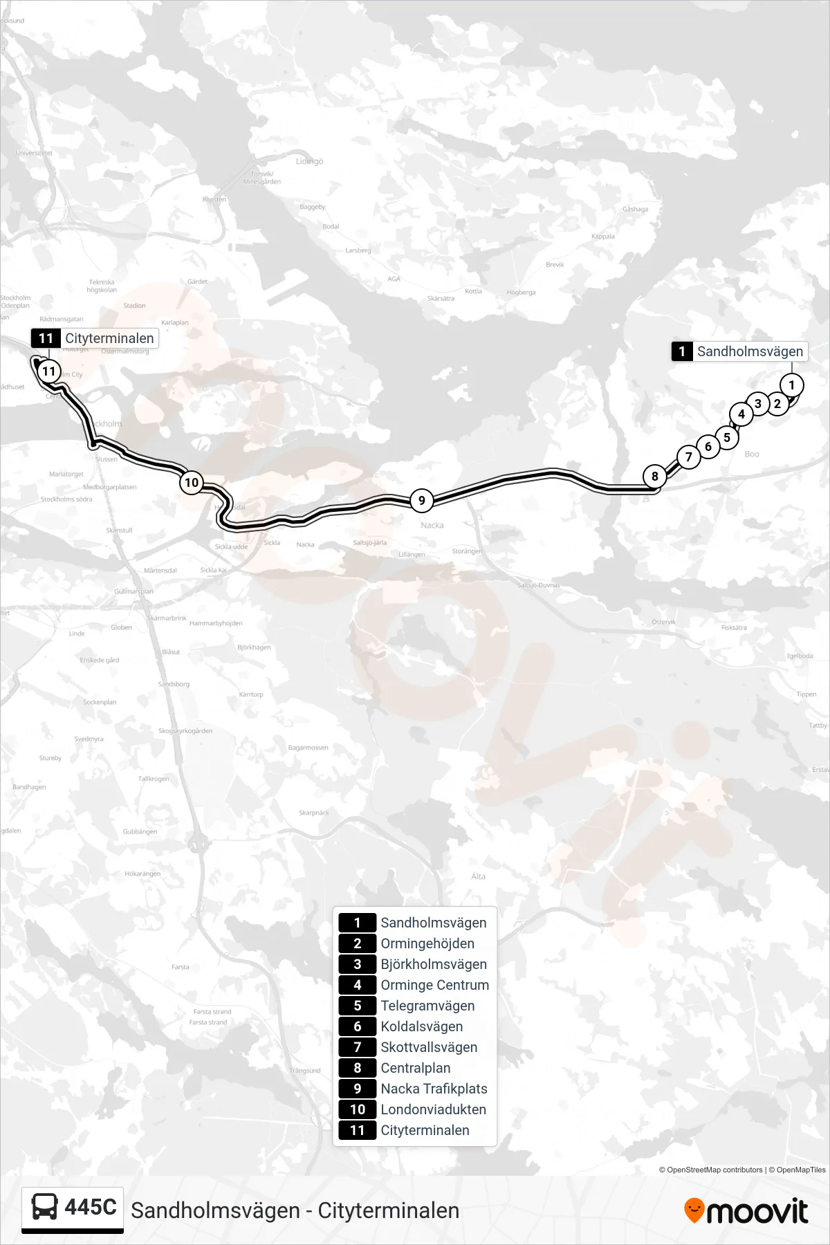 Rutt och hållplatser på karta för linje 445C buss, (Cityterminalen)