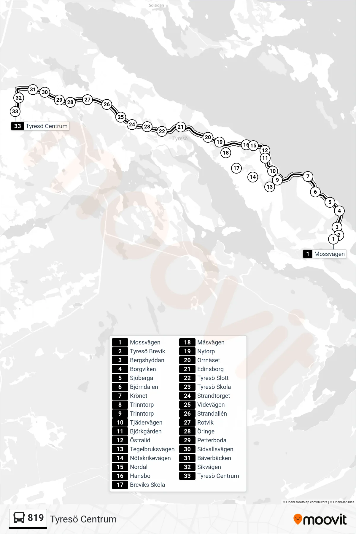 Rutt och hållplatser på karta för linje 819  buss, (Tyresö Centrum)