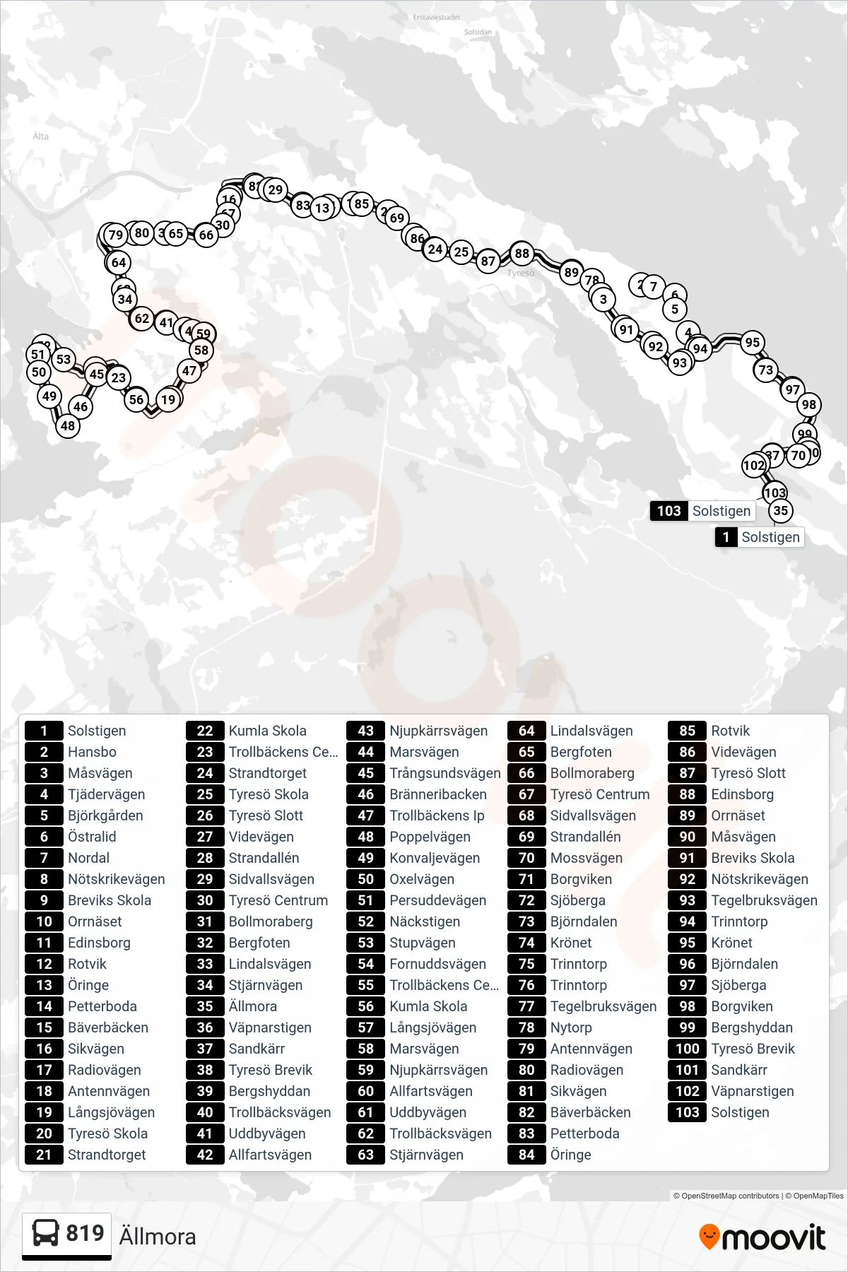 Rutt och hållplatser på karta för linje 819 buss, (Ällmora)