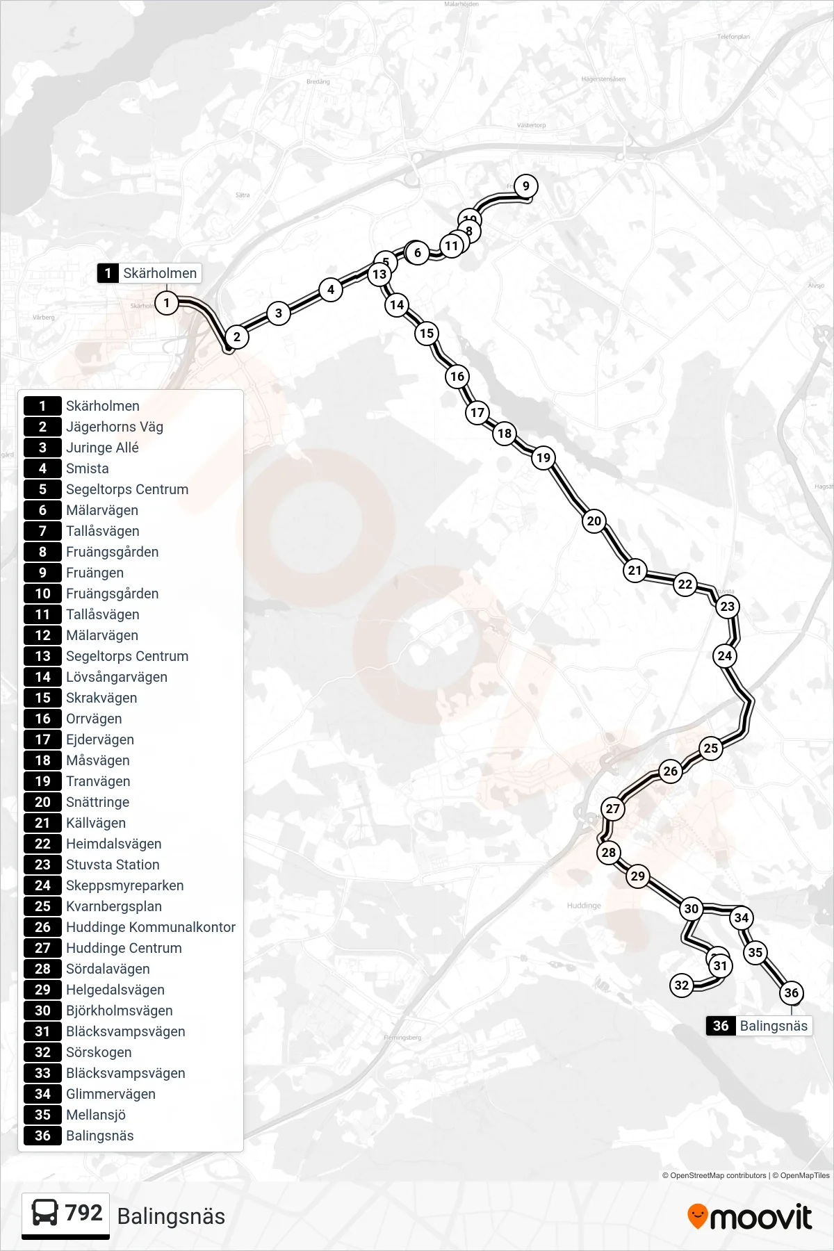 Rutt och hållplatser på karta för linje 792 buss, (Balingsnäs)