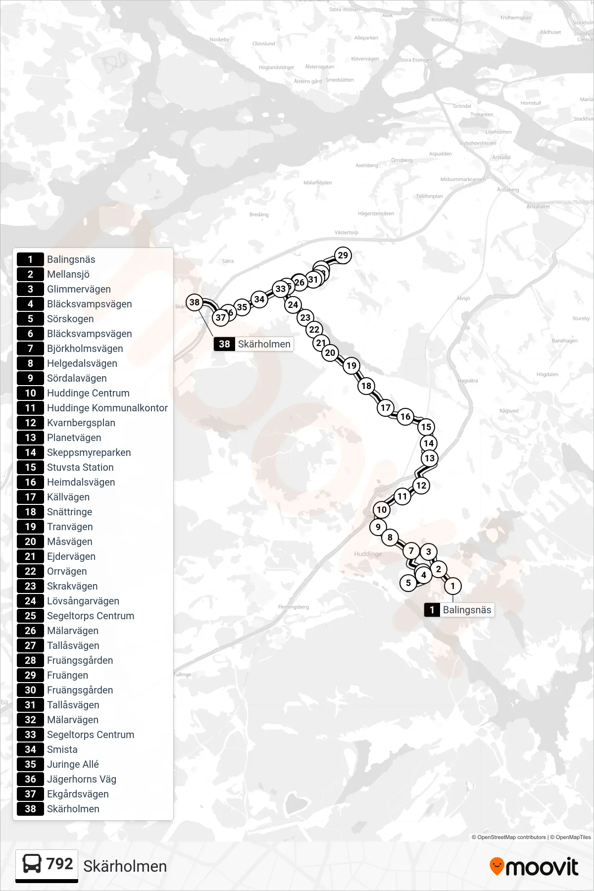 Rutt och hållplatser på karta för linje 792  buss, (Skärholmen)