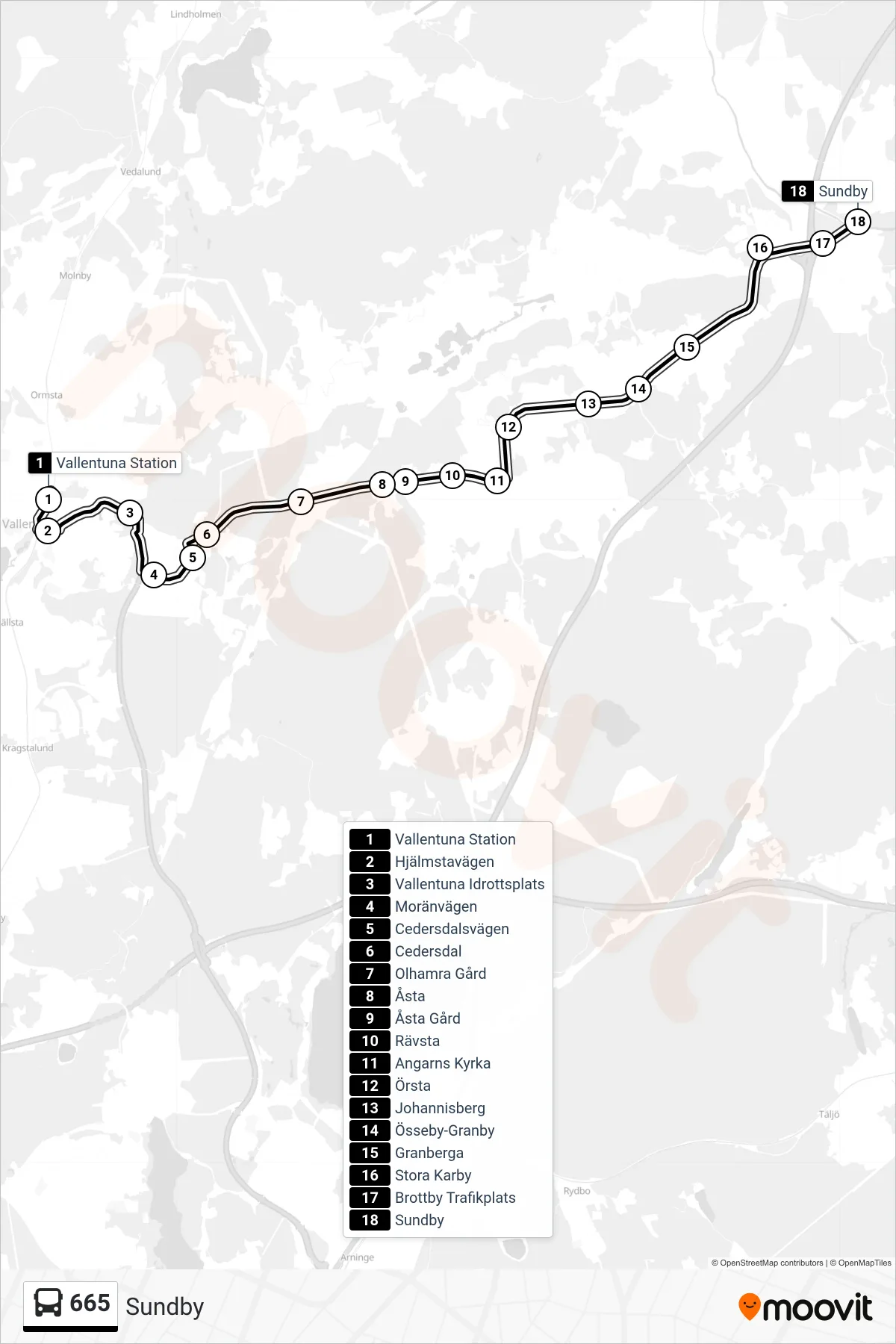 Rutt och hållplatser på karta för linje 665 buss, (Sundby)