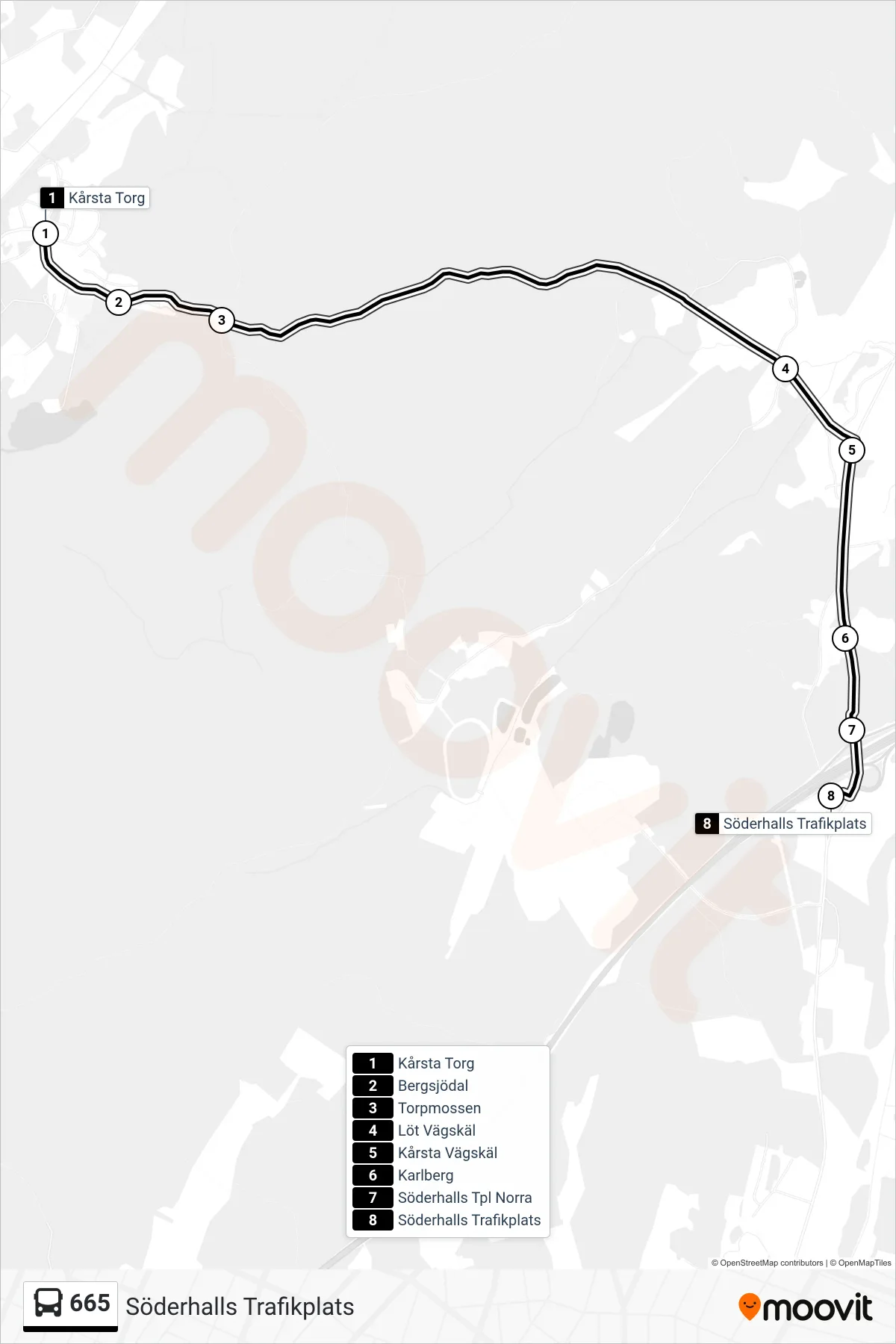 Rutt och hållplatser på karta för linje 665 buss, (Söderhalls Trafikplats)