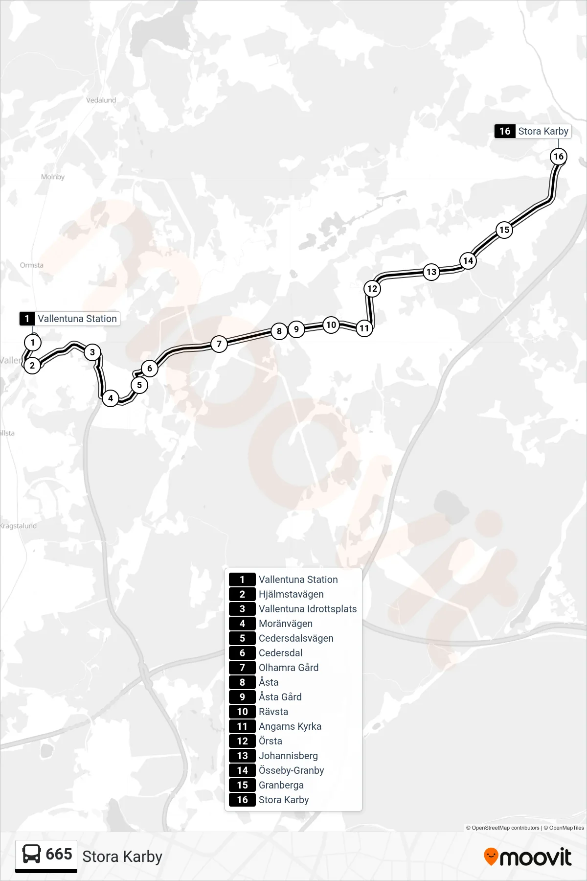 Rutt och hållplatser på karta för linje 665  buss, (Stora Karby)