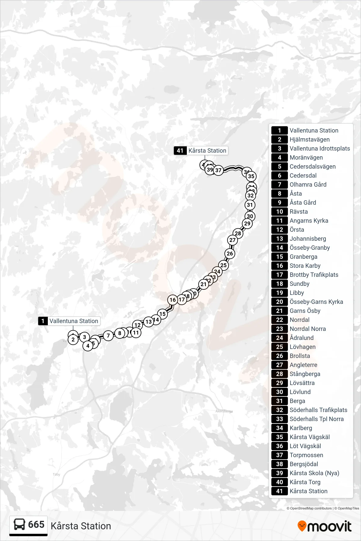 Rutt och hållplatser på karta för linje 665 buss, (Kårsta Station)