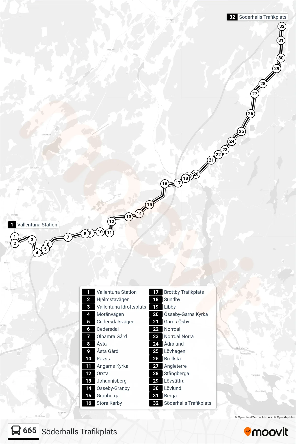 Rutt och hållplatser på karta för linje 665  buss, (Söderhalls Trafikplats)