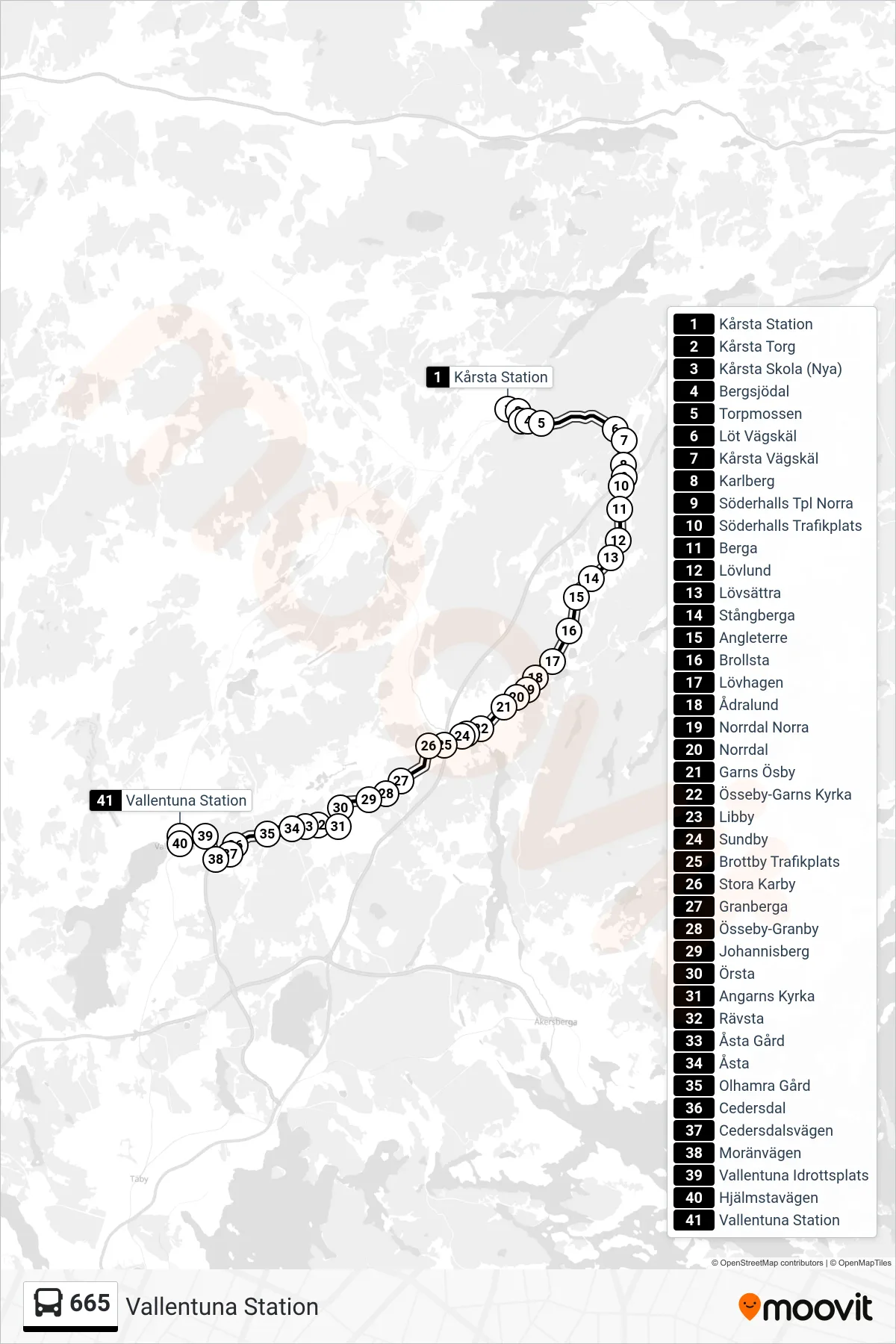 Rutt och hållplatser på karta för linje 665 buss, (Vallentuna Station)