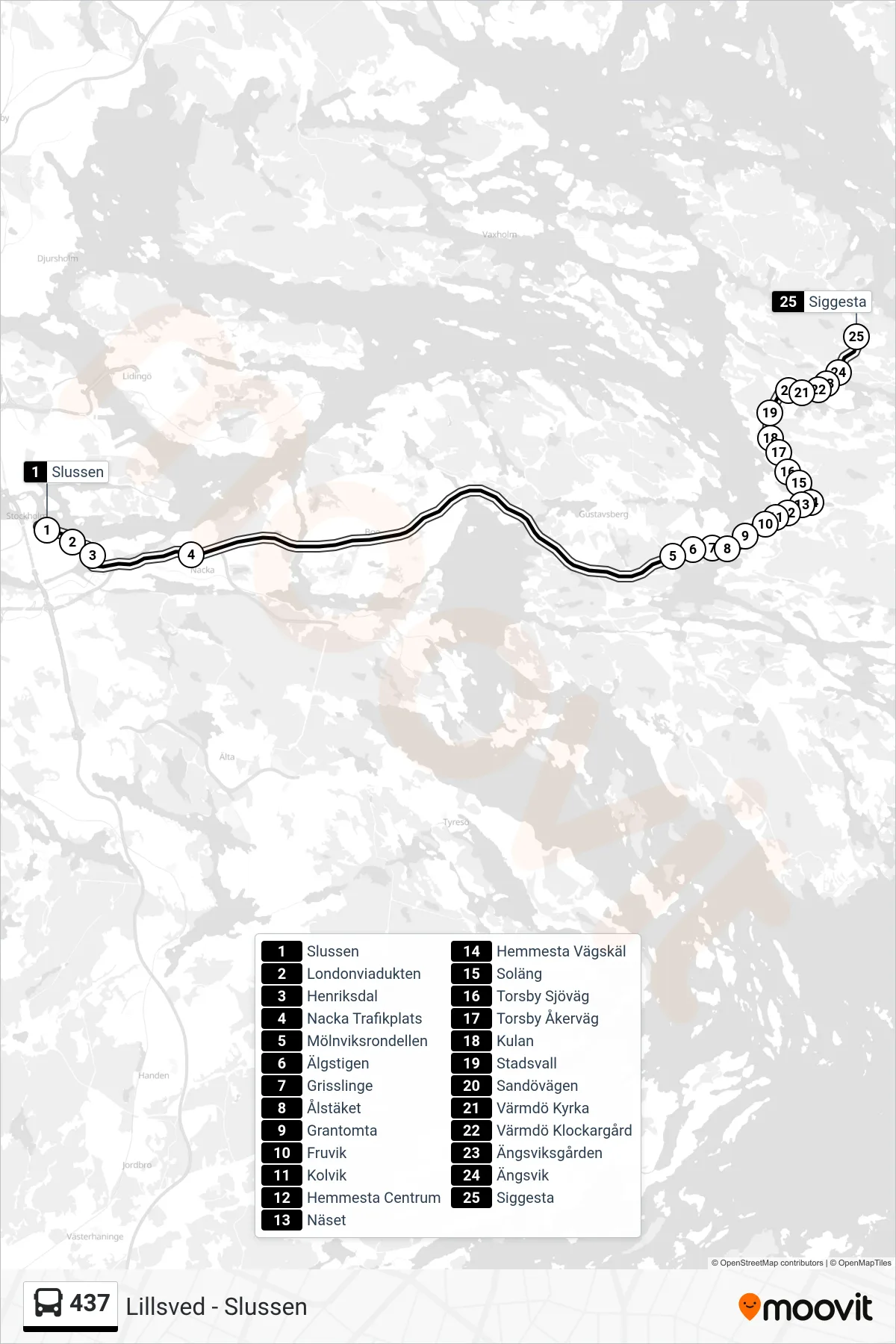Rutt och hållplatser på karta för linje 437  buss, (Siggesta)