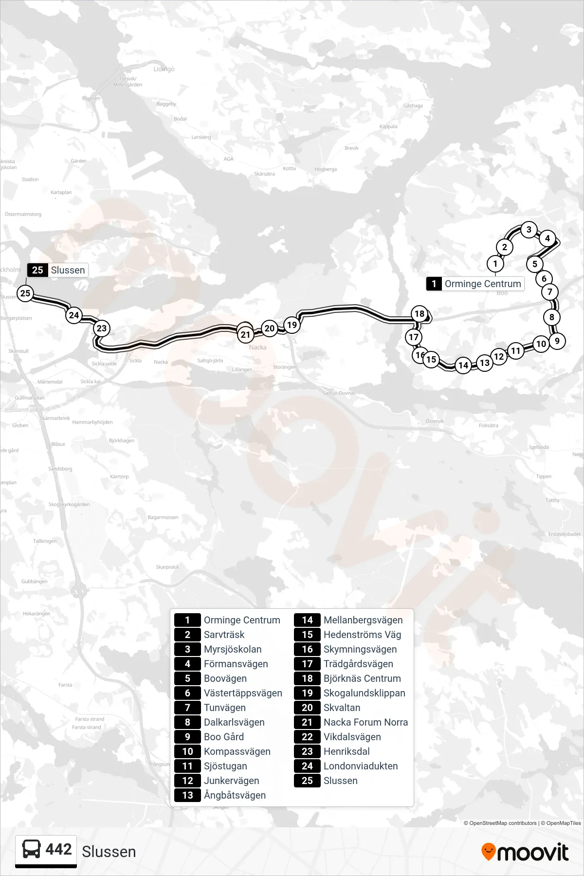 Rutt och hållplatser på karta för linje 442  buss, (Slussen)