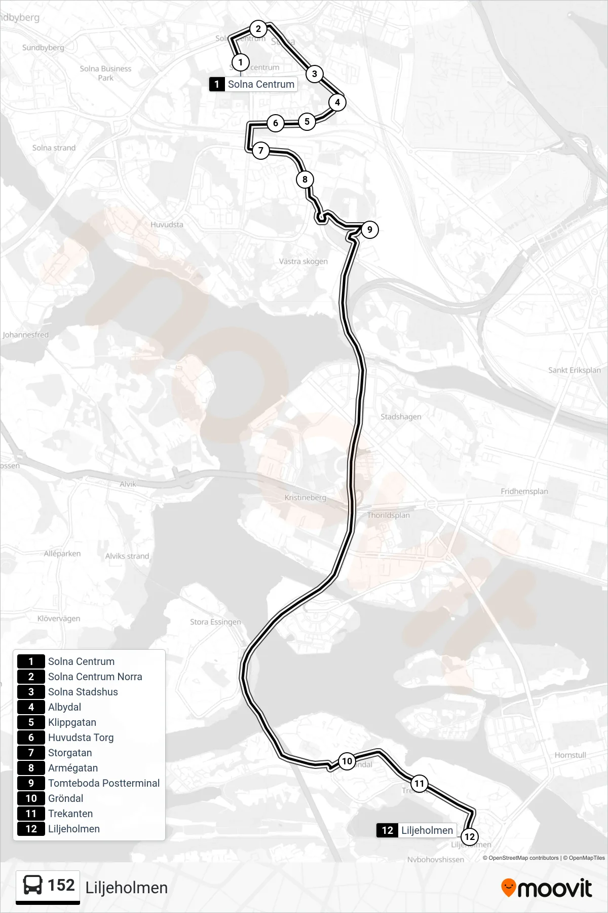 Rutt och hållplatser på karta för linje 152 buss, (Liljeholmen)