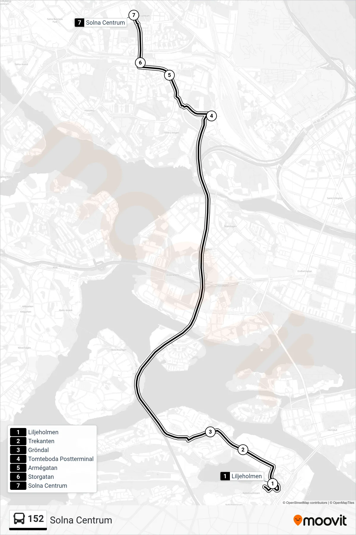 Rutt och hållplatser på karta för linje 152 buss, (Solna Centrum)