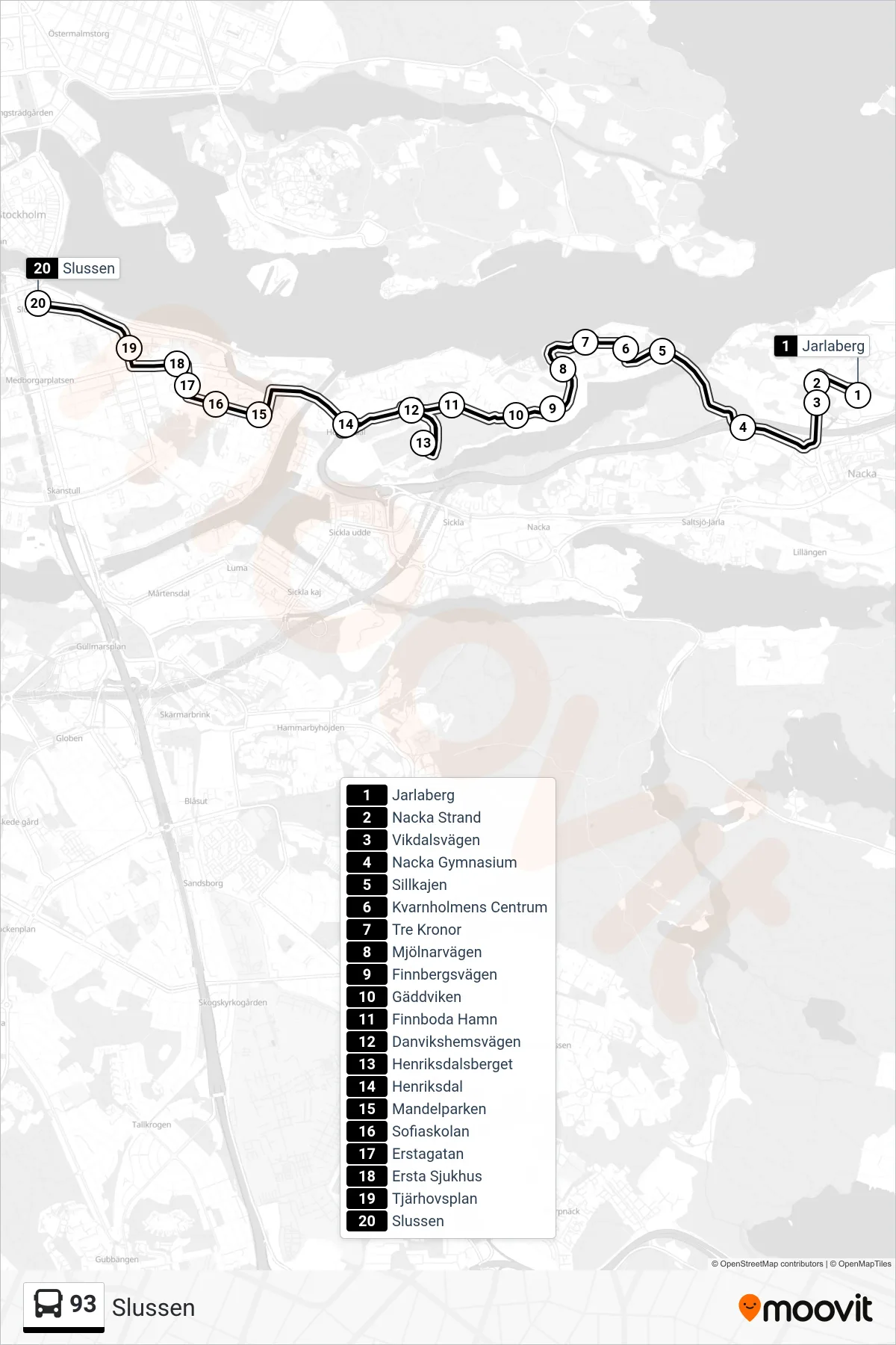 Rutt och hållplatser på karta för linje 93 buss, (Slussen)