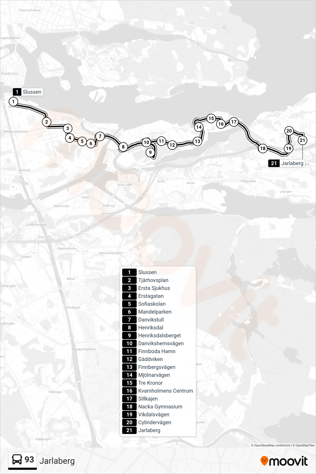 Rutt och hållplatser på karta för linje 93 buss, (Jarlaberg)
