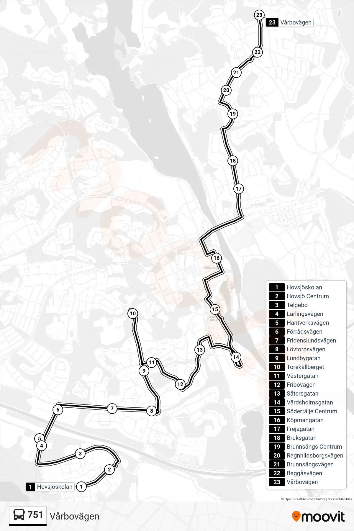 Rutt och hållplatser på karta för linje 751 buss, (Vårbovägen)