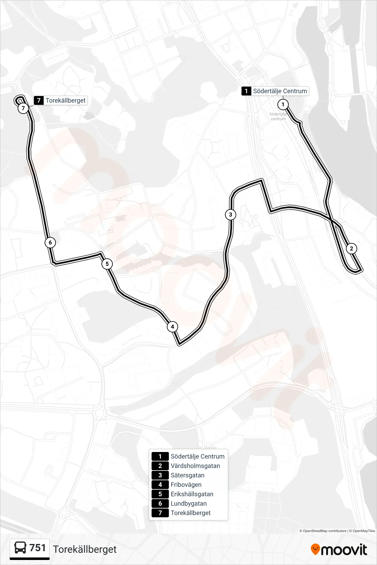 Rutt och hållplatser på karta för linje 751 buss, (Torekällberget)