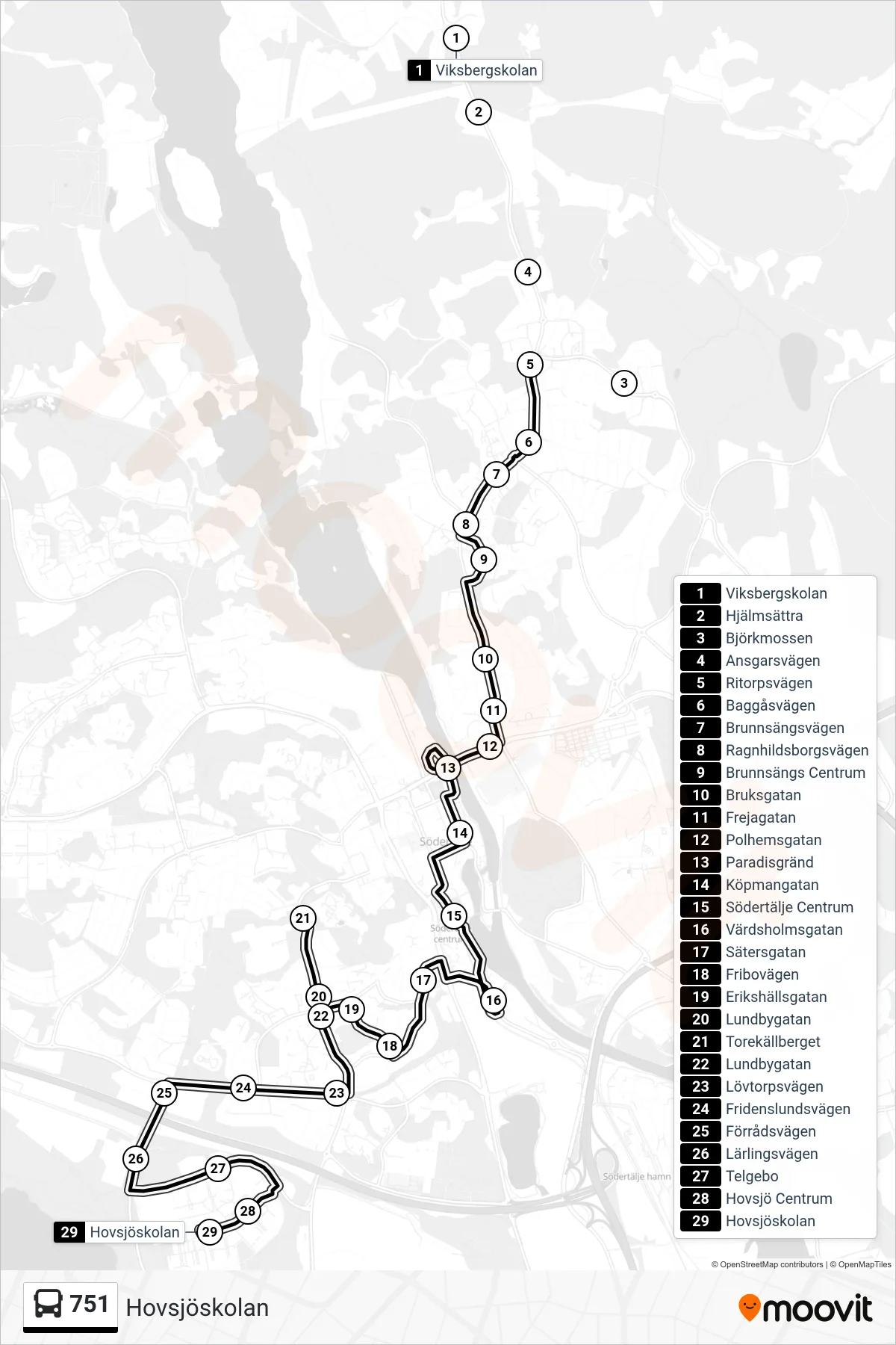 Rutt och hållplatser på karta för linje 751 buss, (Hovsjöskolan)