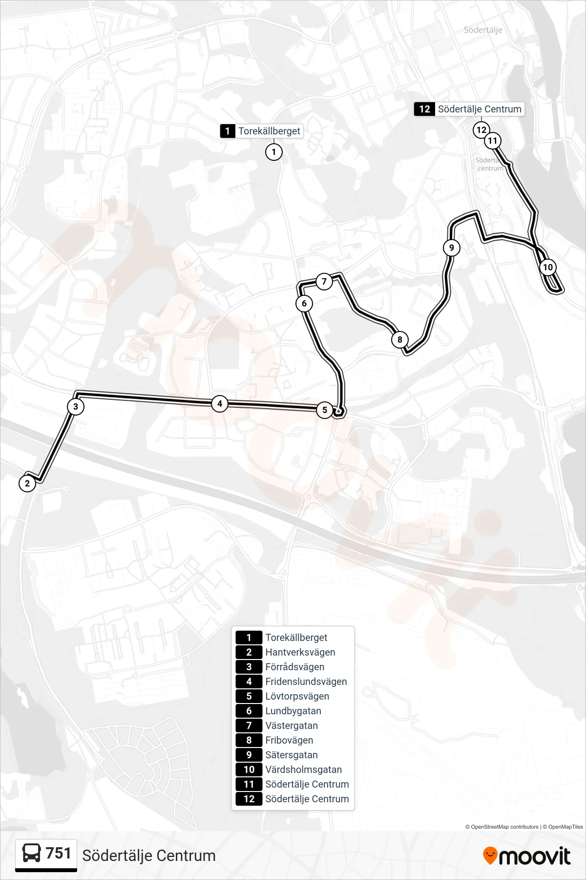 Rutt och hållplatser på karta för linje 751 buss, (Södertälje Centrum)