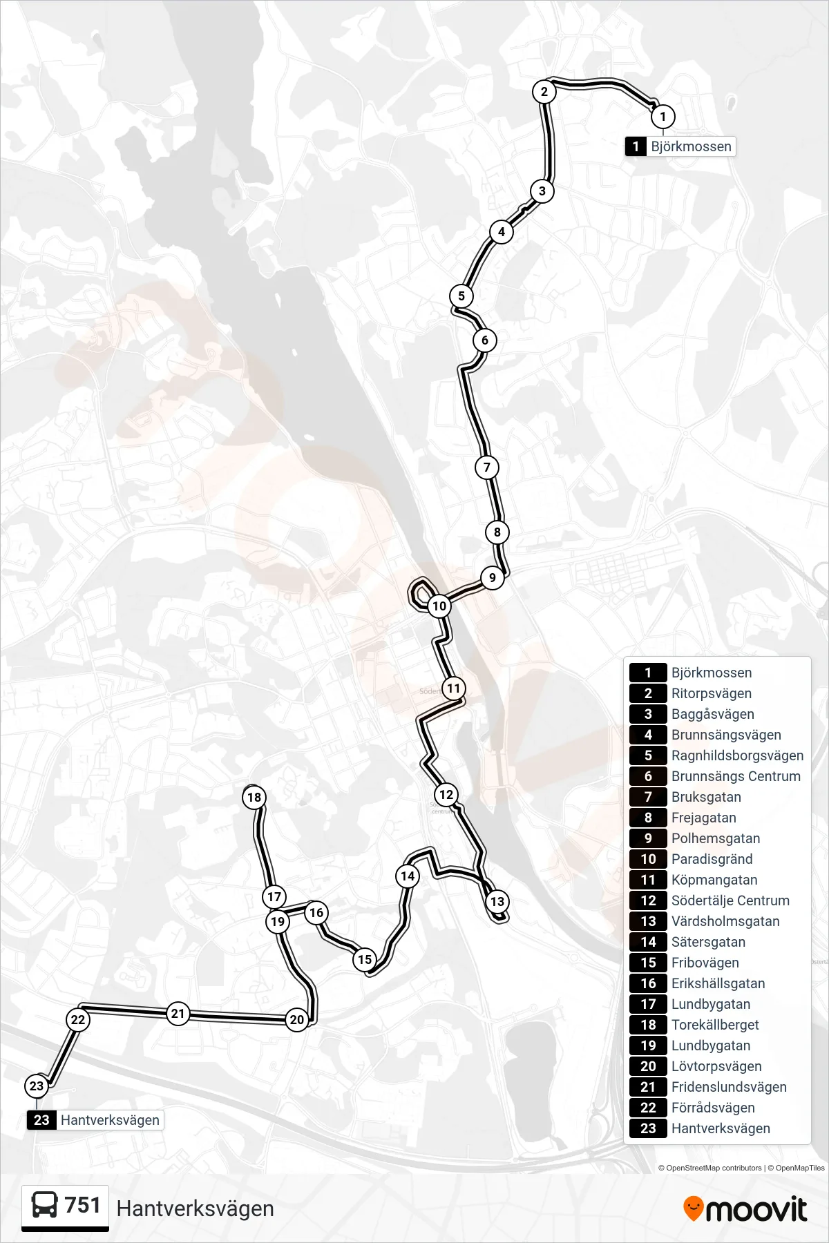 Rutt och hållplatser på karta för linje 751 buss, (Hantverksvägen)