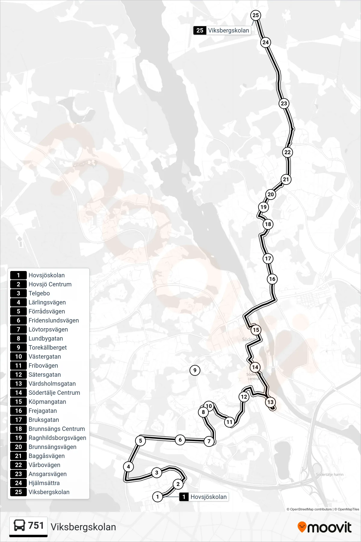 Rutt och hållplatser på karta för linje 751  buss, (Viksbergskolan)