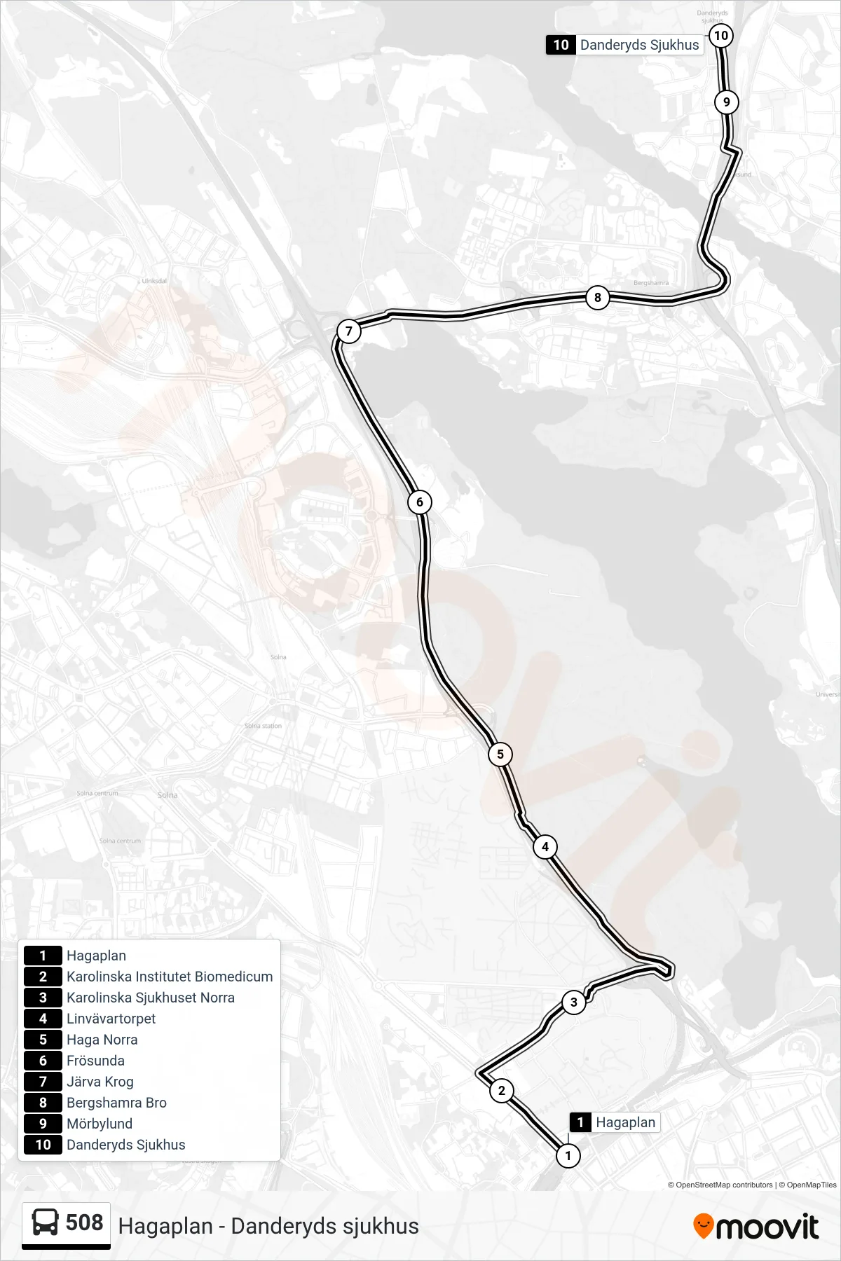 Rutt och hållplatser på karta för linje 508  buss, (Danderyds Sjukhus)