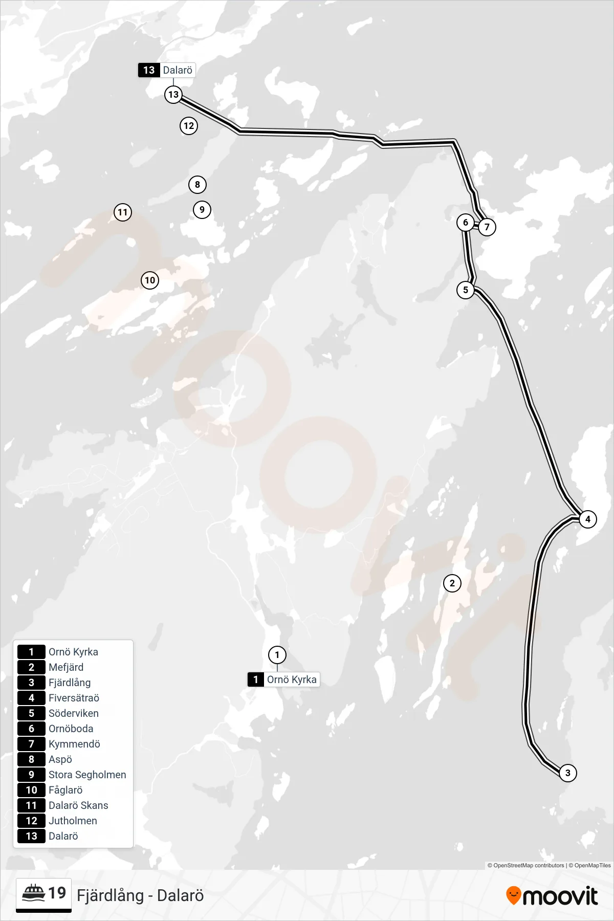 Rutt och hållplatser på karta för linje 19 färja, (Dalarö)
