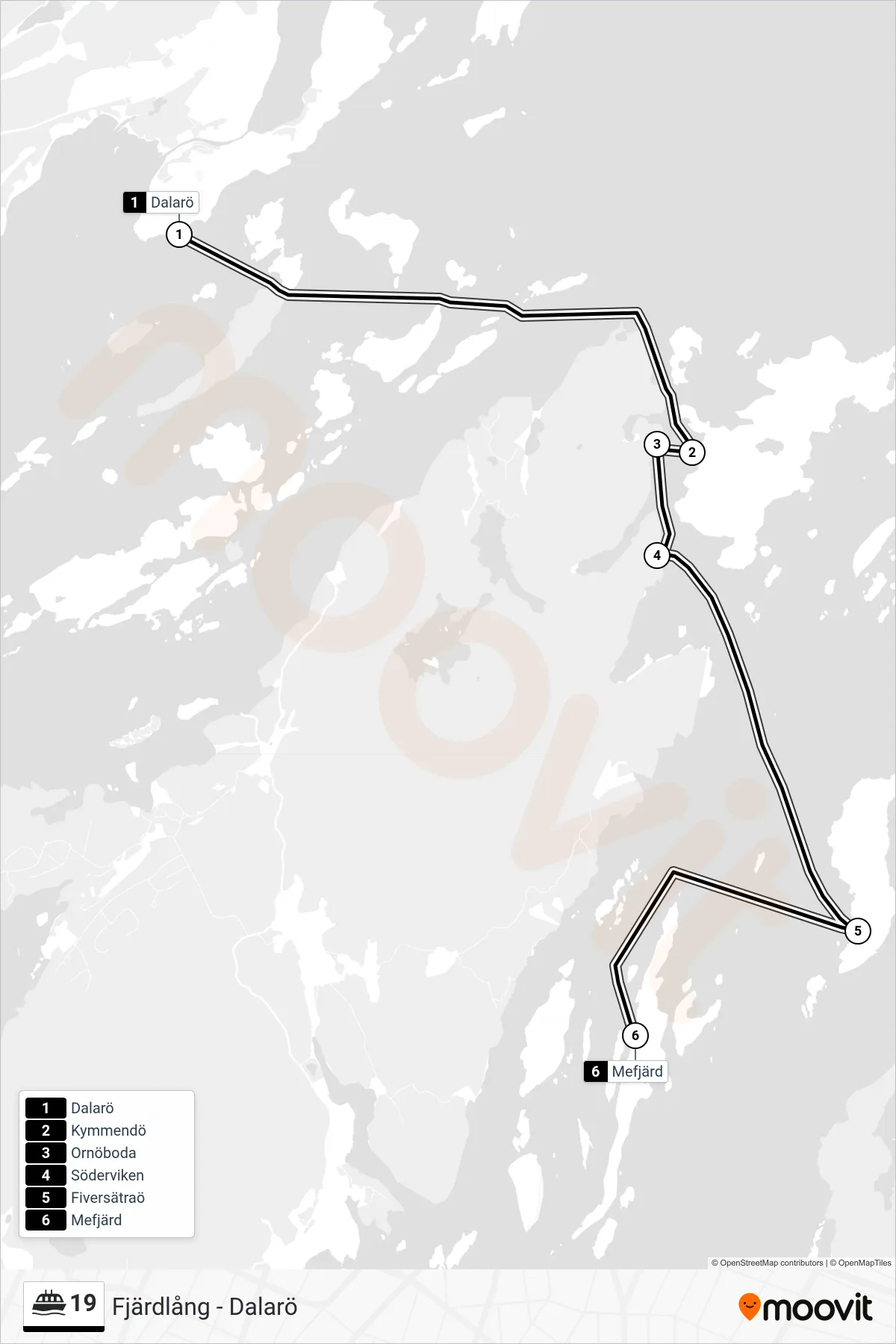Rutt och hållplatser på karta för linje 19  färja, (Mefjärd)