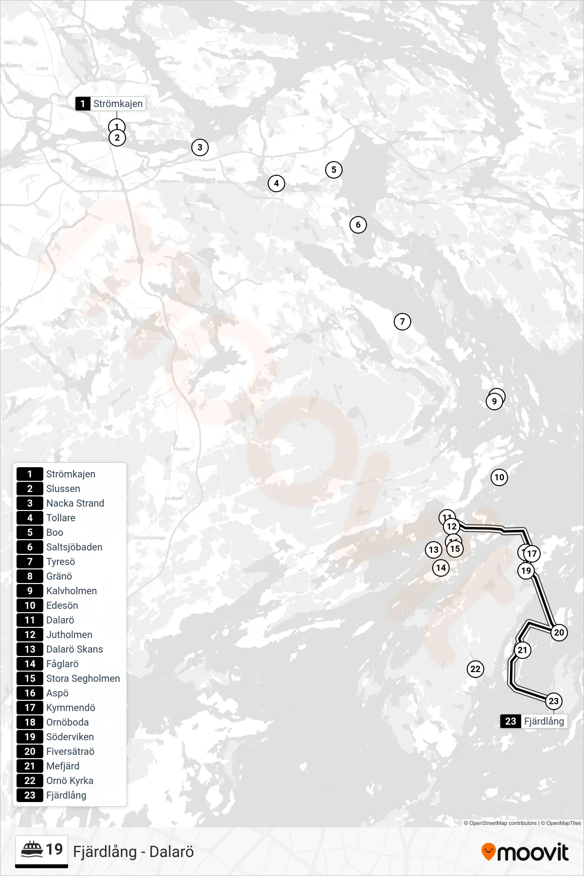 Rutt och hållplatser på karta för linje 19  färja, (Fjärdlång)