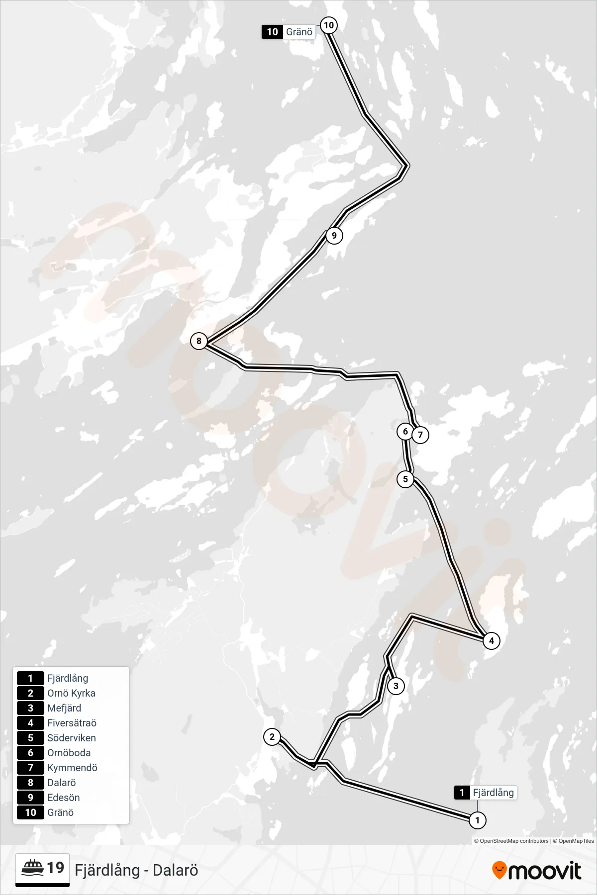 Rutt och hållplatser på karta för linje 19 färja, (Gränö)