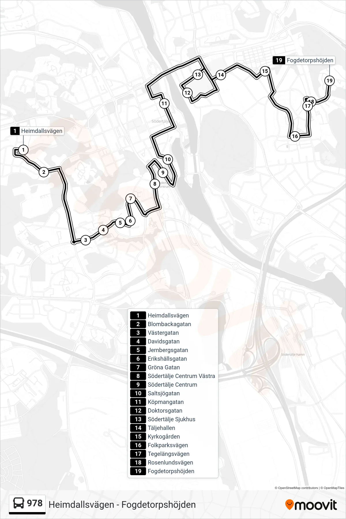 Rutt och hållplatser på karta för linje 978 buss, (Fogdetorpshöjden)