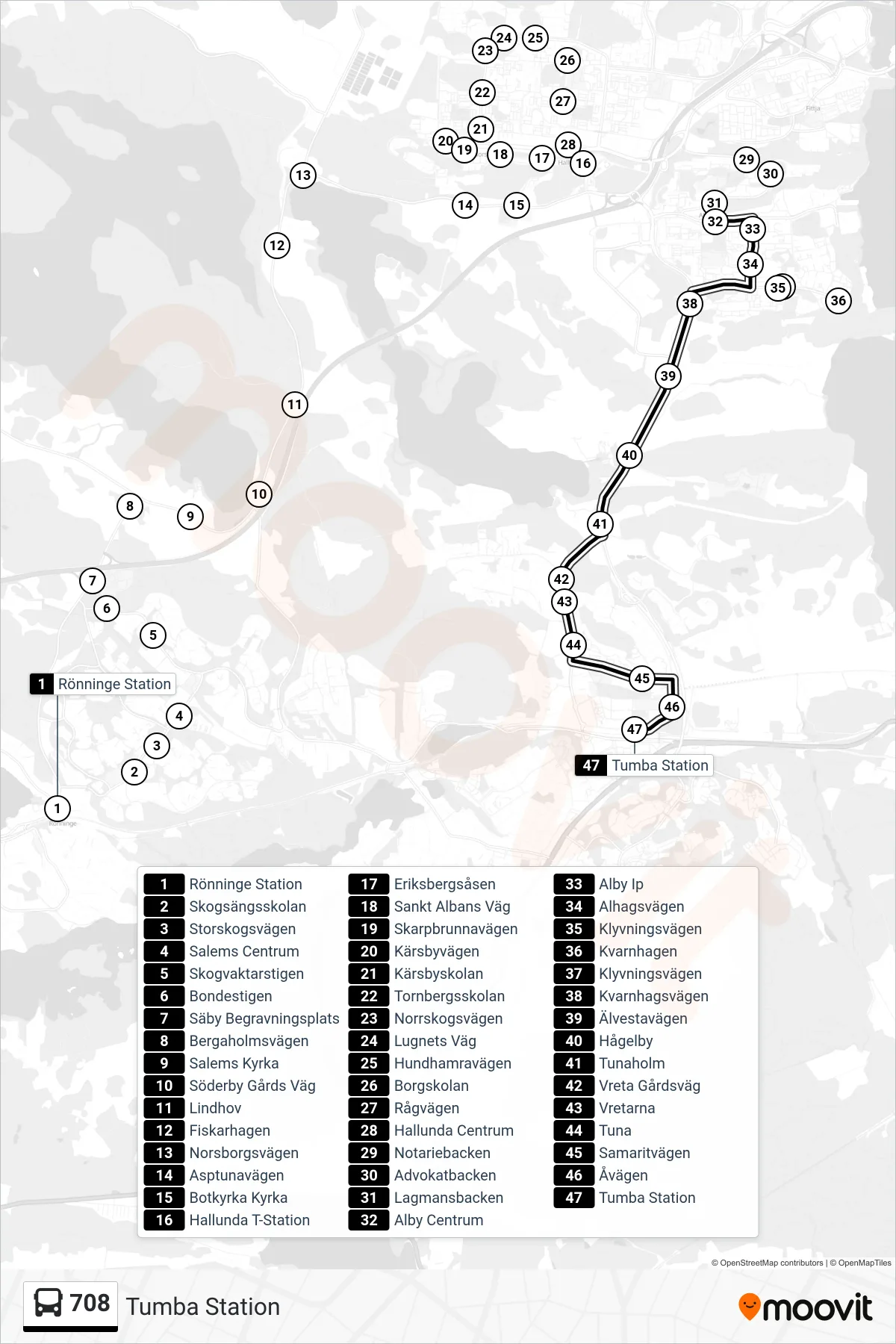 Rutt och hållplatser på karta för linje 708 buss, (Tumba Station)