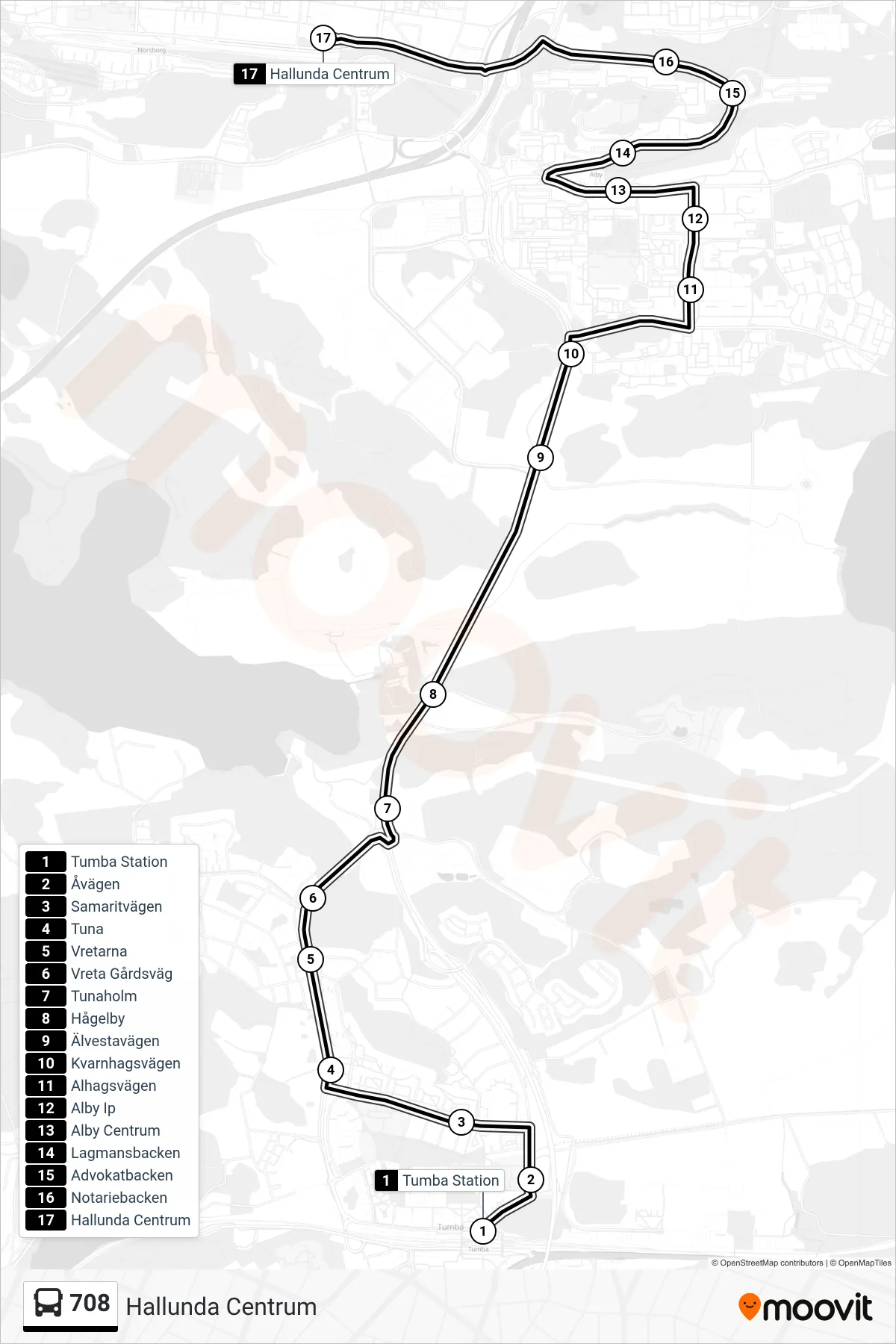 Rutt och hållplatser på karta för linje 708  buss, (Hallunda Centrum)