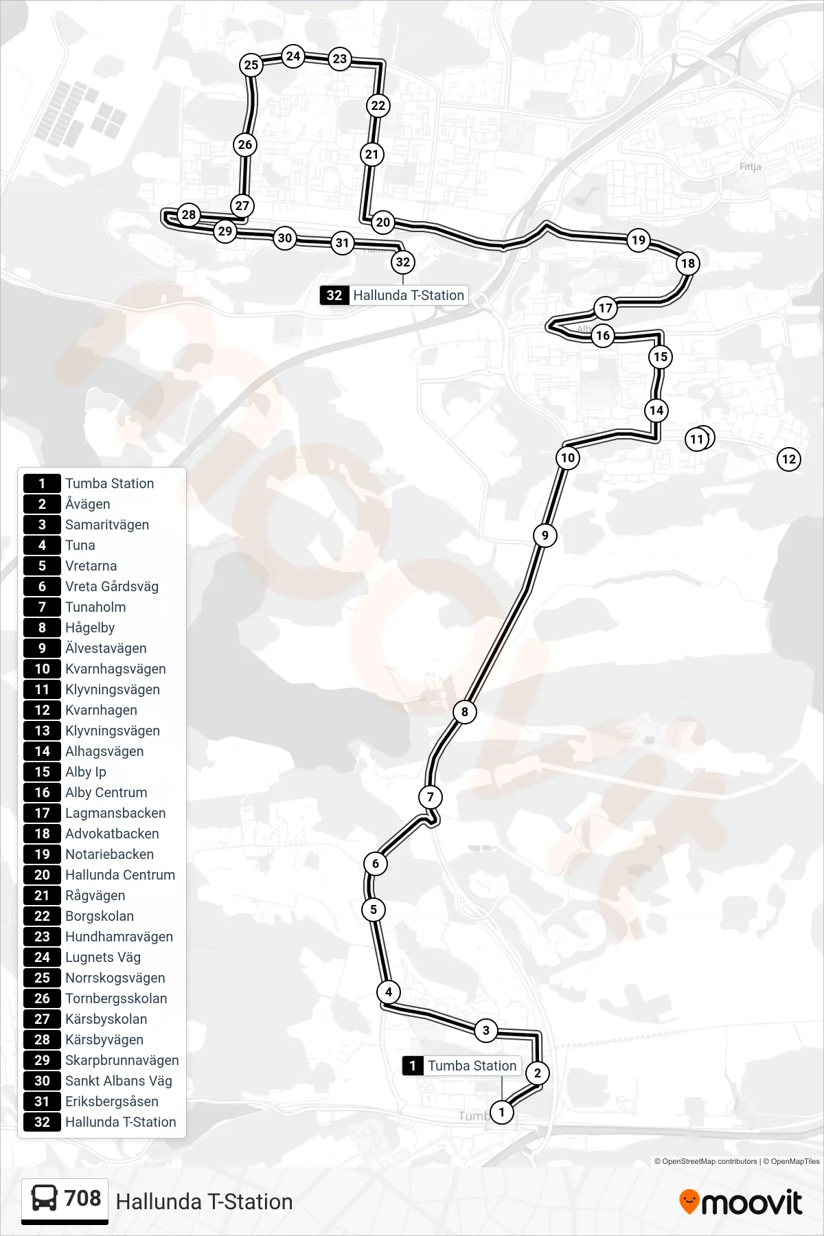 Rutt och hållplatser på karta för linje 708 buss, (Hallunda T-Station)
