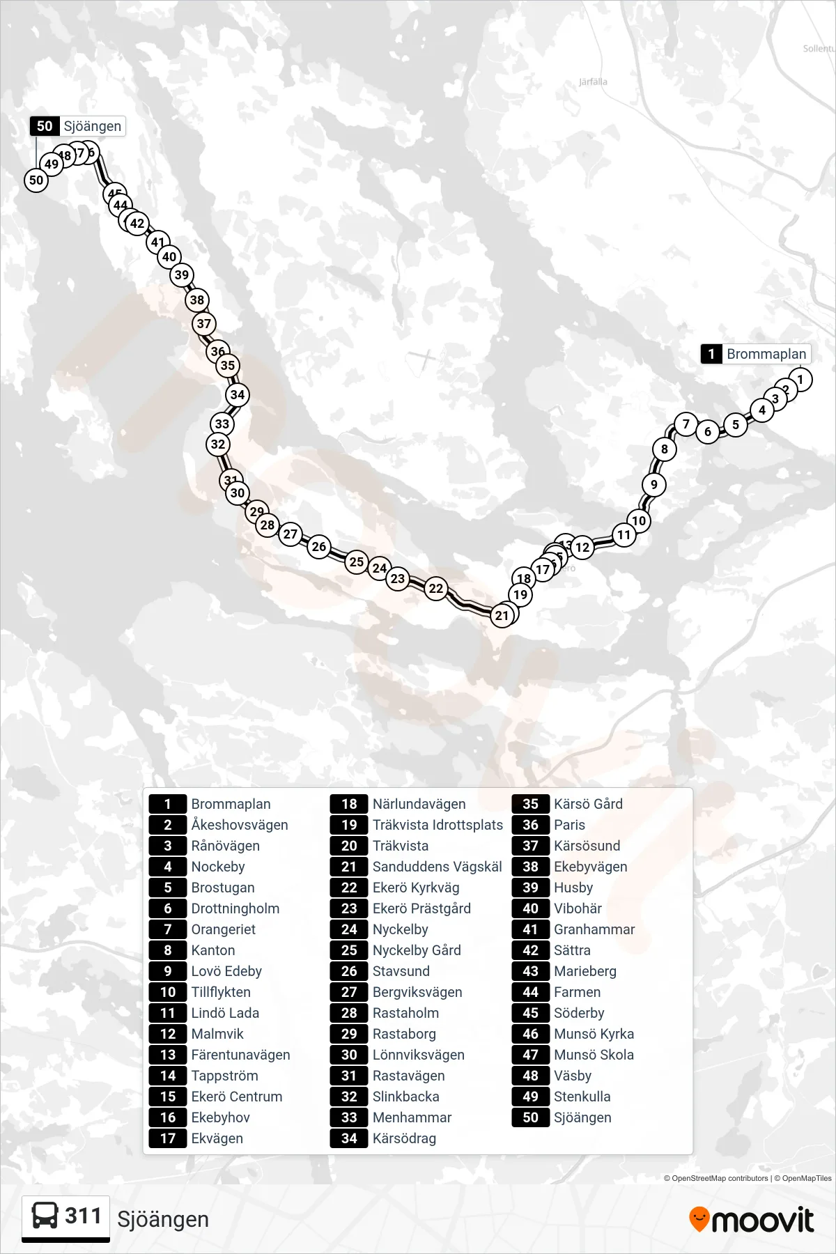 Rutt och hållplatser på karta för linje 311  buss, (Sjöängen)