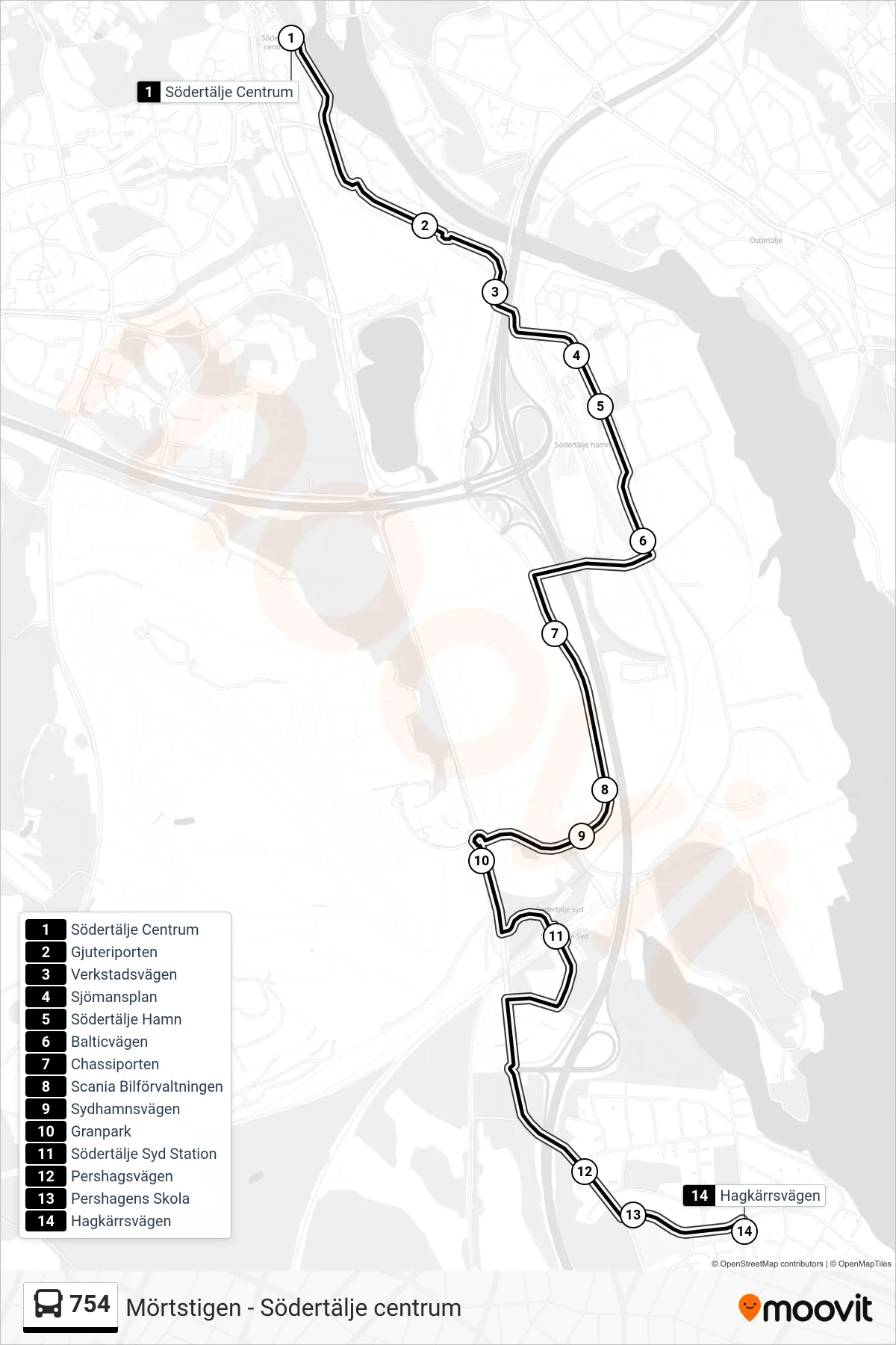 Rutt och hållplatser på karta för linje 754 buss, (Hagkärrsvägen)