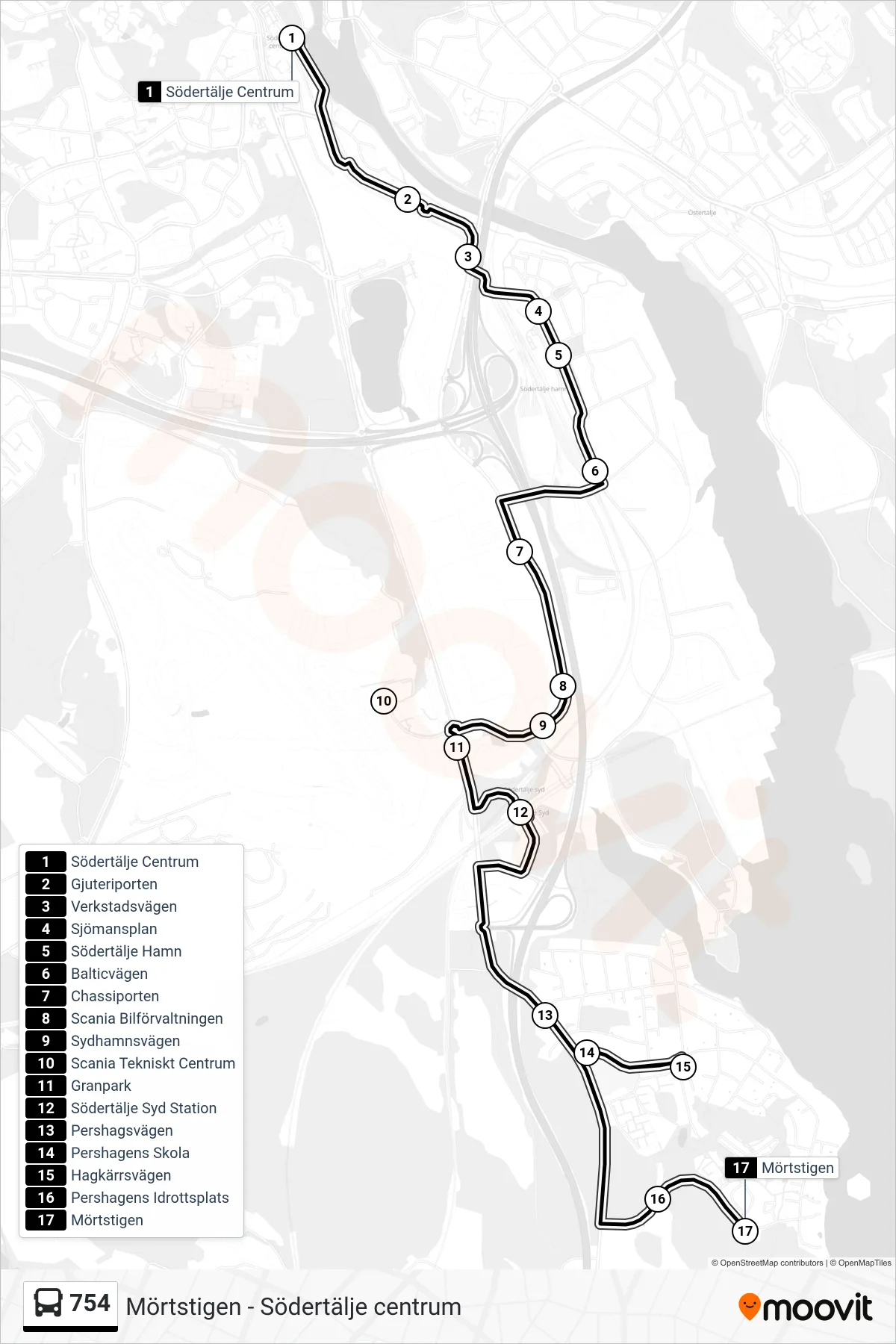Rutt och hållplatser på karta för linje 754  buss, (Mörtstigen)