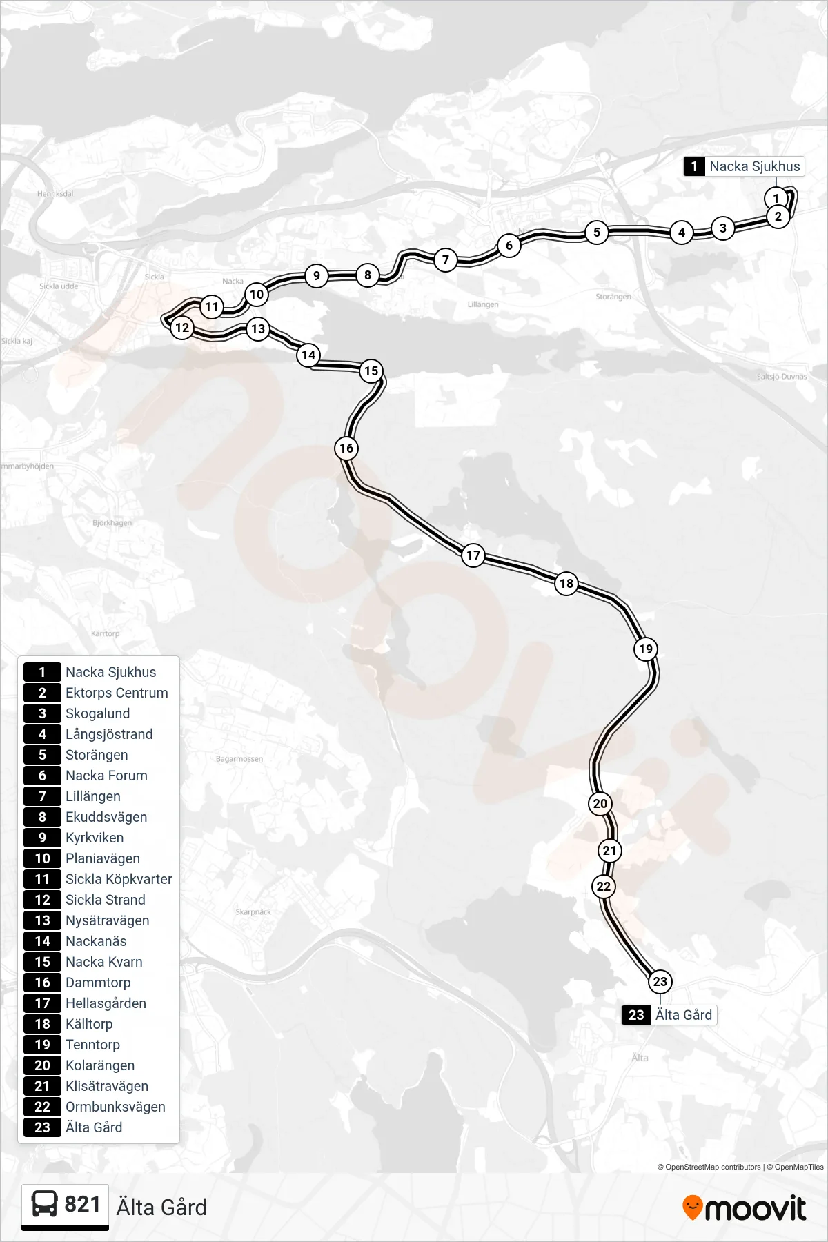 Rutt och hållplatser på karta för linje 821 buss, (Älta Gård)