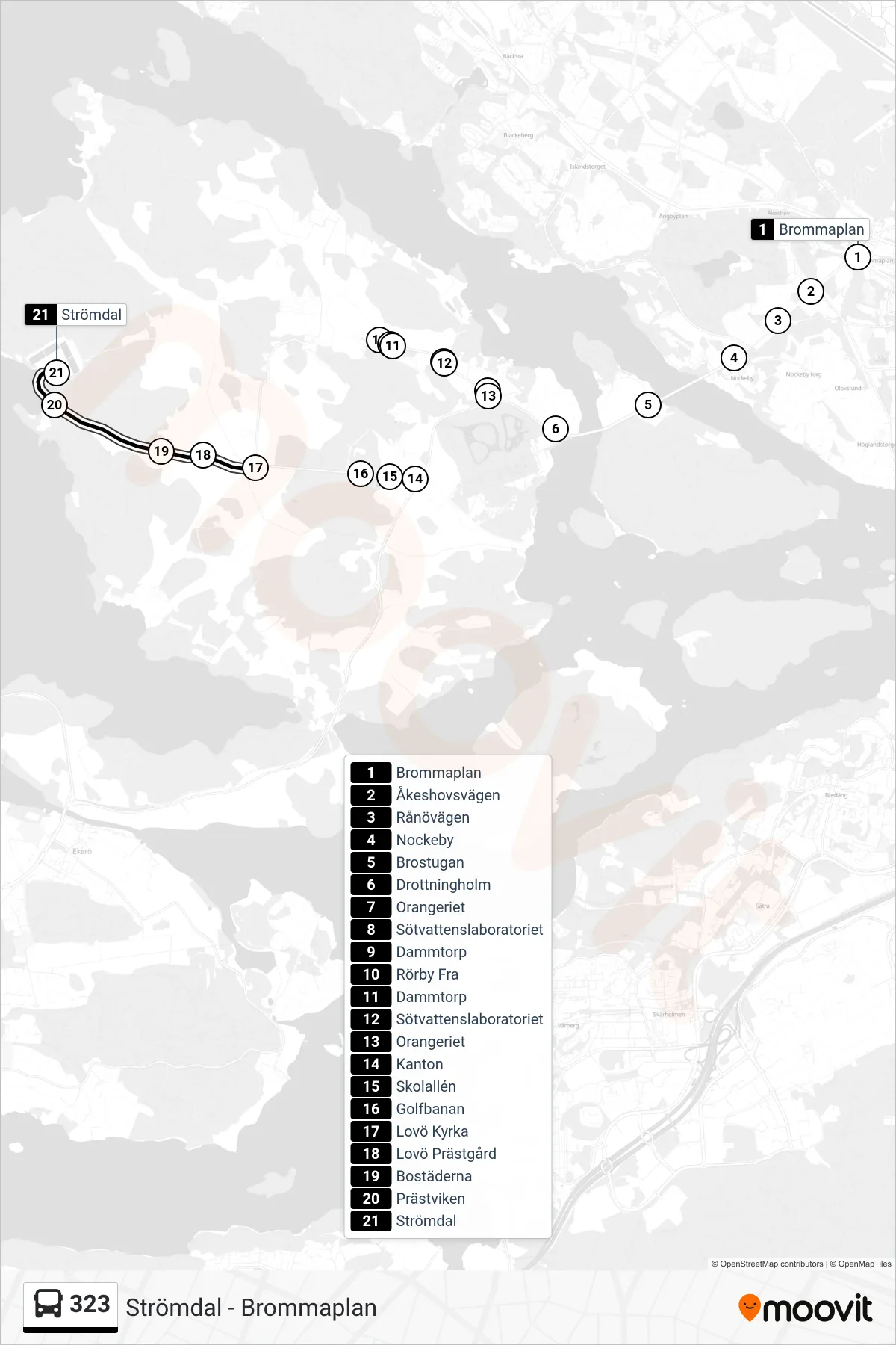Rutt och hållplatser på karta för linje 323 buss, (Strömdal)