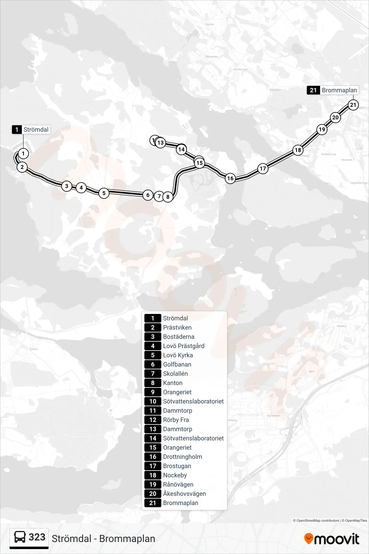 Rutt och hållplatser på karta för linje 323 buss, (Brommaplan)