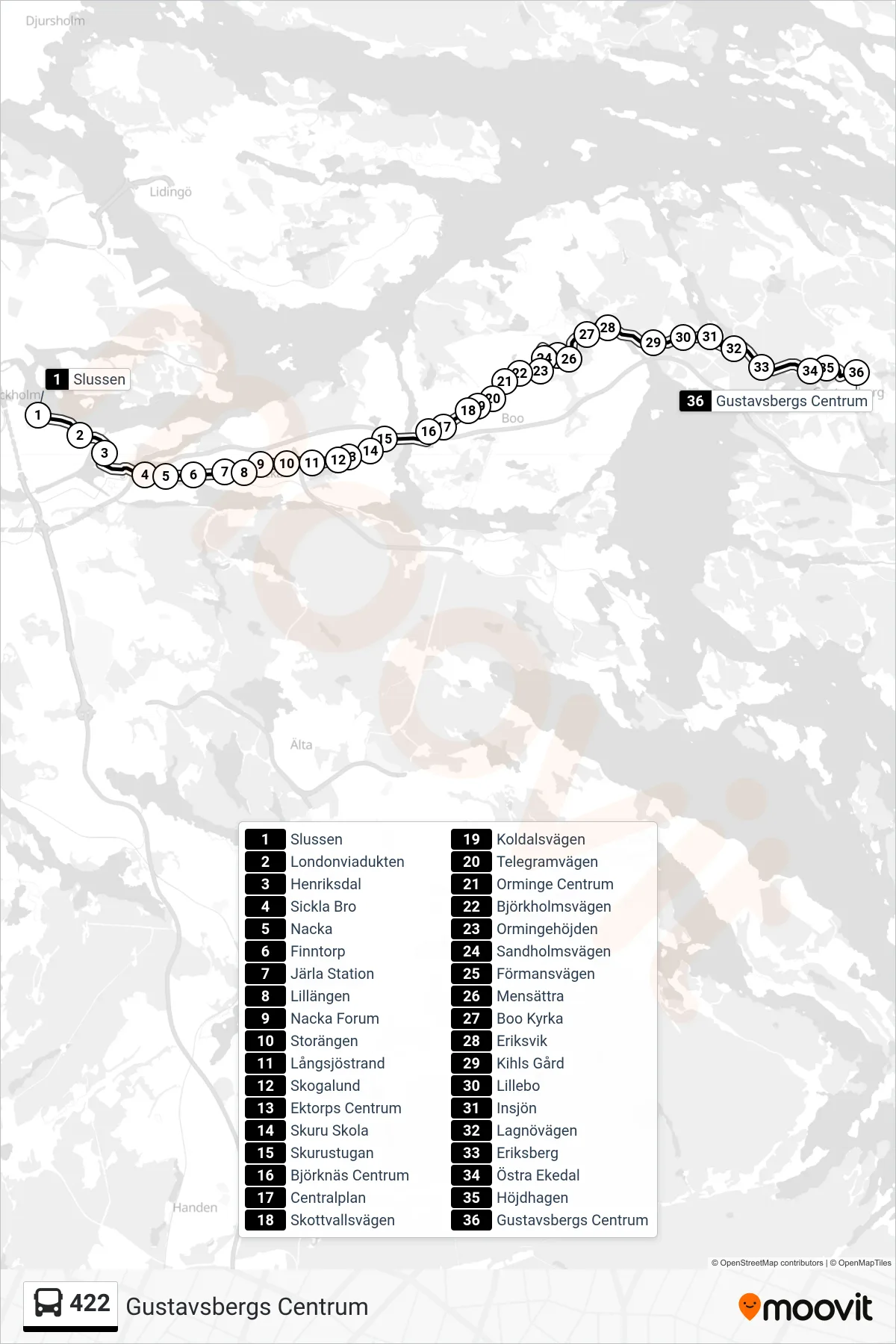 Rutt och hållplatser på karta för linje 422  buss, (Gustavsbergs Centrum)