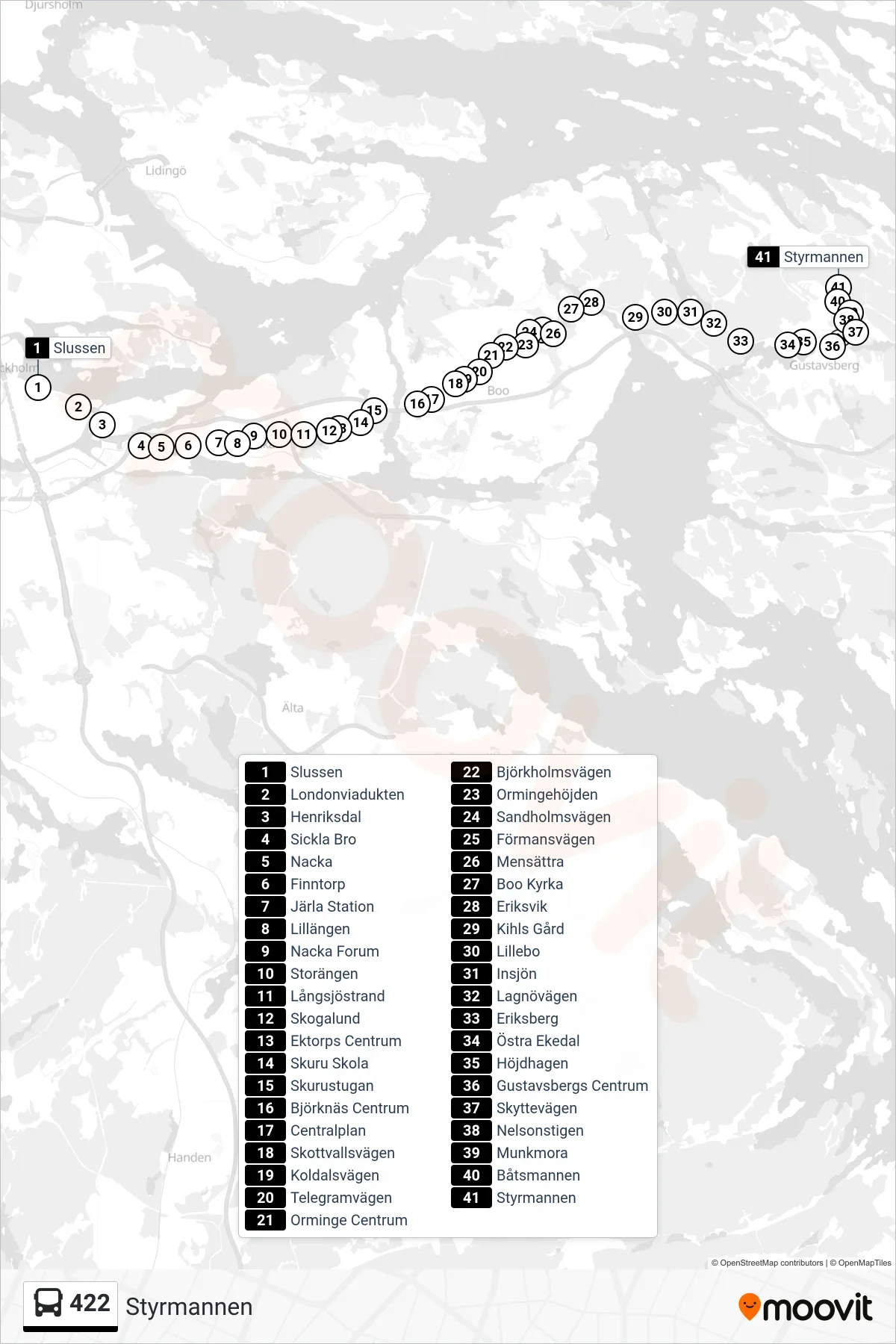 Rutt och hållplatser på karta för linje 422 buss, (Styrmannen)
