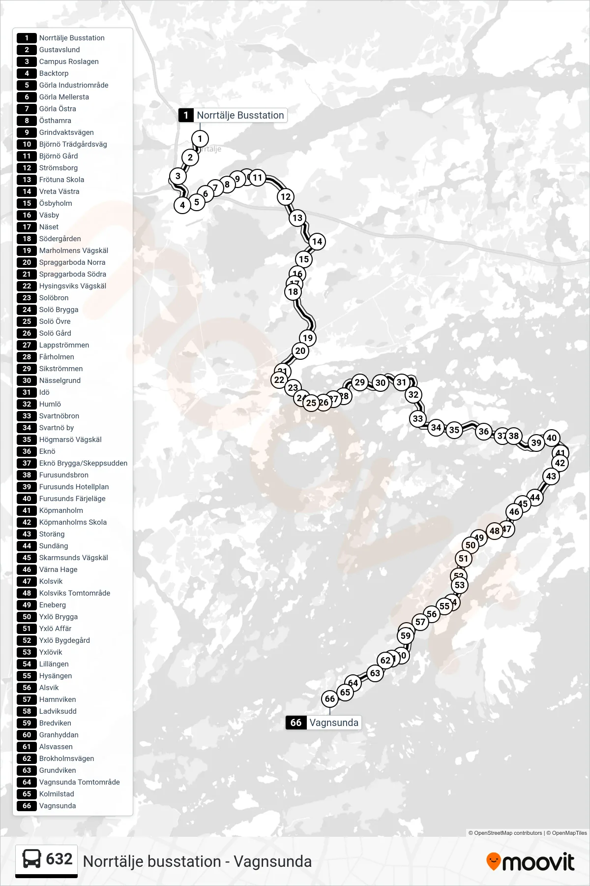 Rutt och hållplatser på karta för linje 632 buss, (Vagnsunda)