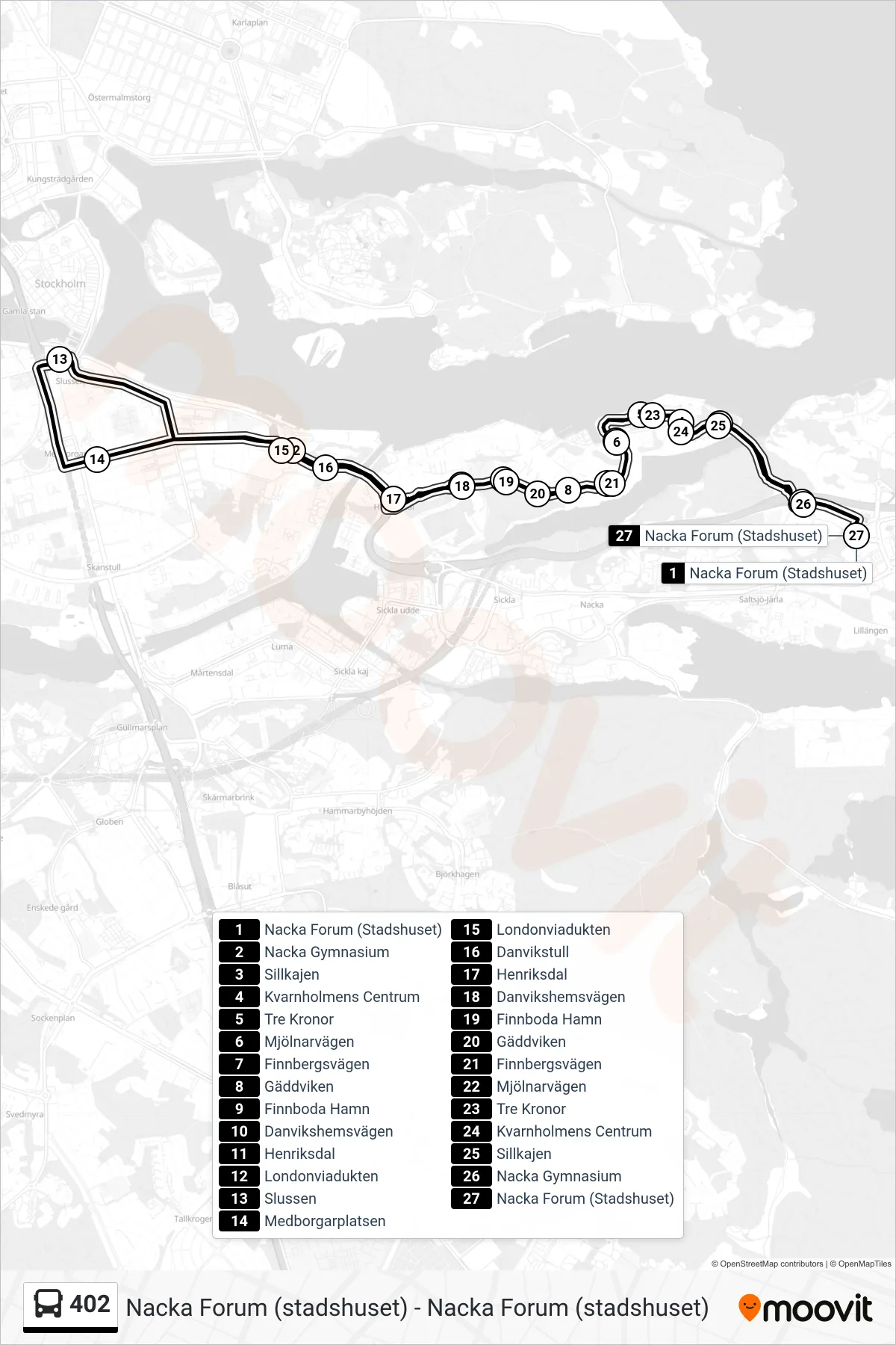 Rutt och hållplatser på karta för linje 402 buss, (Nacka Forum (Stadshuset))