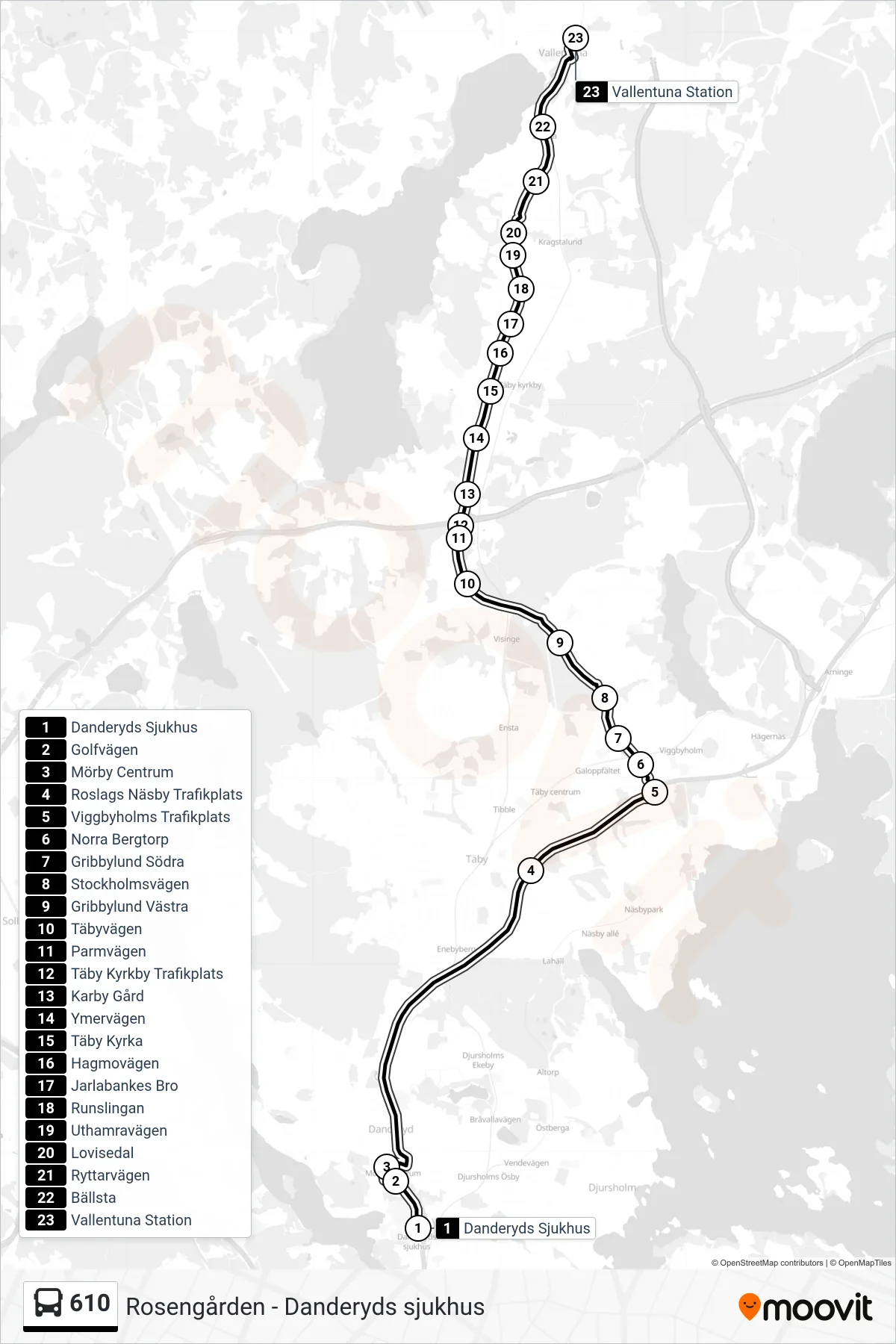 Rutt och hållplatser på karta för linje 610 buss, (Vallentuna Station)