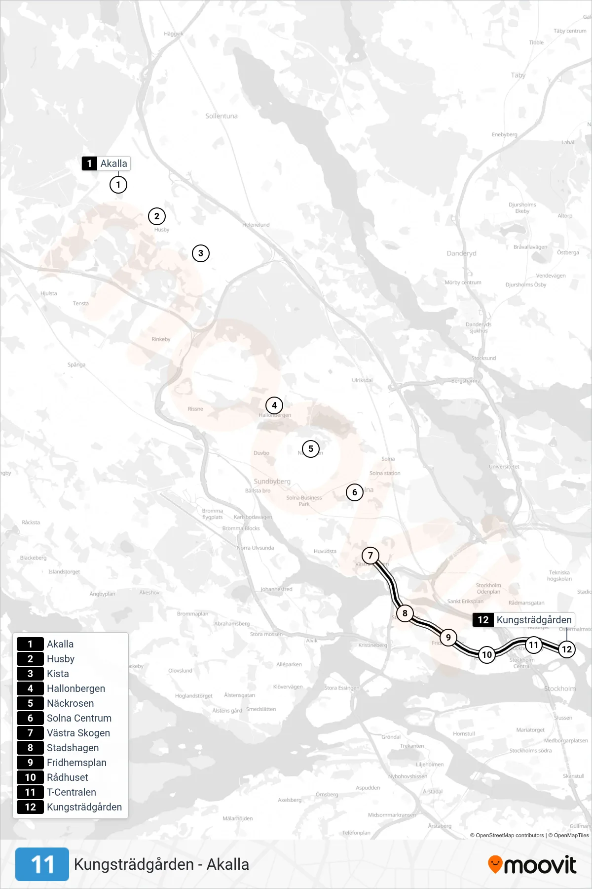 Rutt och hållplatser på karta för linje 11  tunnelbana, (Kungsträdgården)