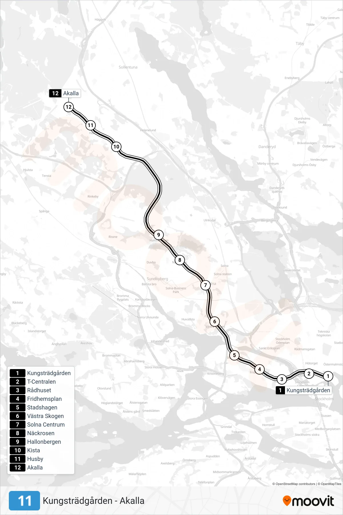 Rutt och hållplatser på karta för linje 11  tunnelbana, (Akalla)