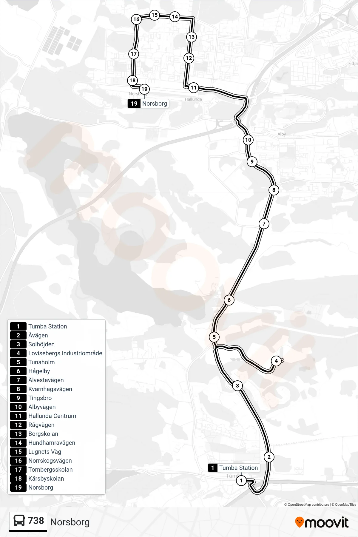 Rutt och hållplatser på karta för linje 738  buss, (Norsborg)